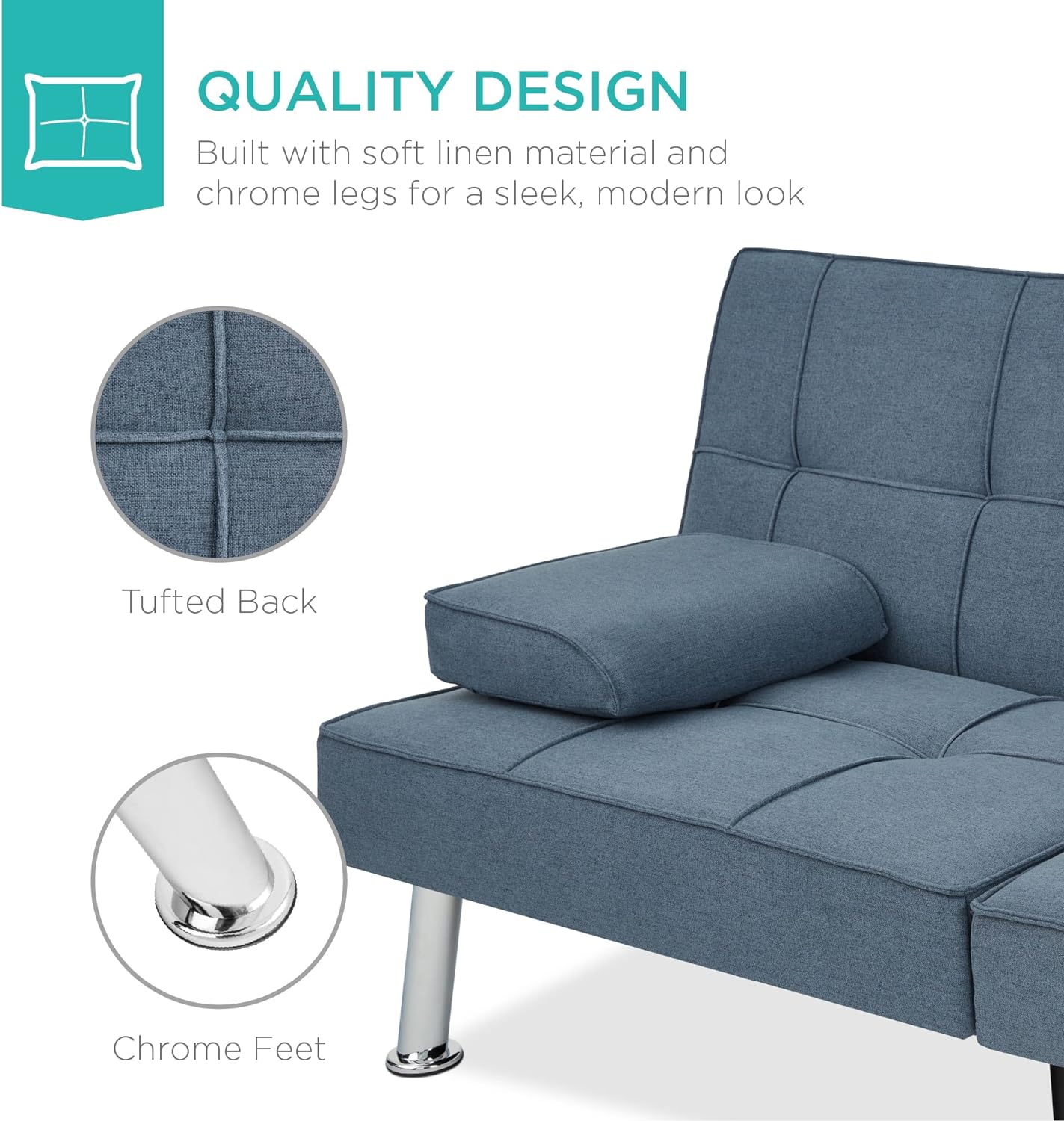 Best Choice Products Linen Upholstered Modern Convertible Folding Futon Sofa Bed for Compact Living Space, Apartment, Dorm, Bonus Room w/Removable Armrests, Metal Legs, 2 Cupholders - Gray
