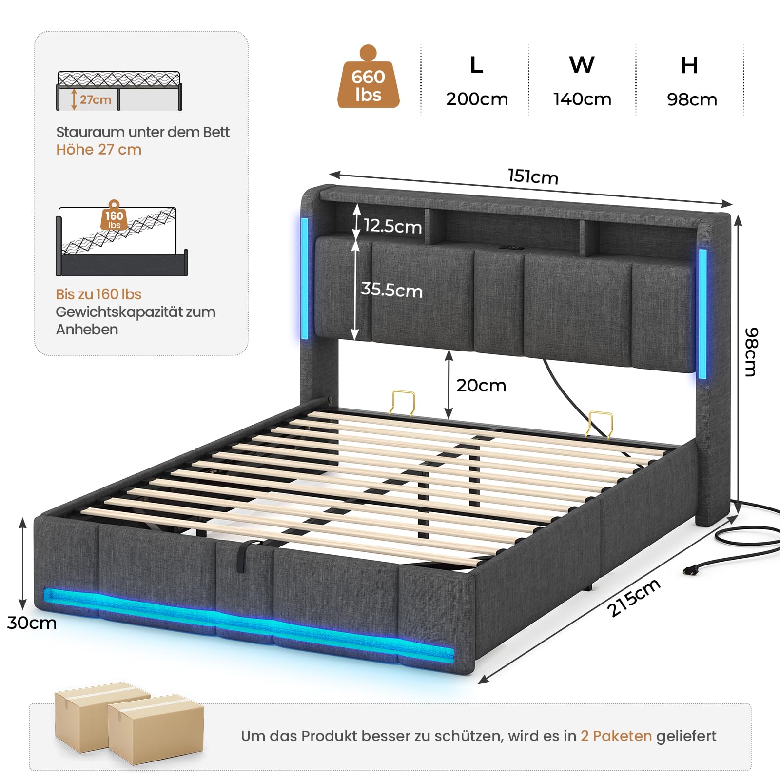 Polsterbett 140x200 cm mit Bettkasten LED-Beleuchtung USB-Anschlüssen und hydraulischem Stauraum Dunkelgrau
