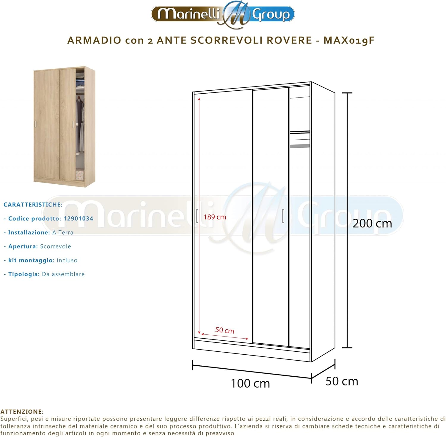 MarinelliGroup MAX019F Wardrobe with 2 Doors and 2 Shelves Oak 100 x 50 x 200 cm