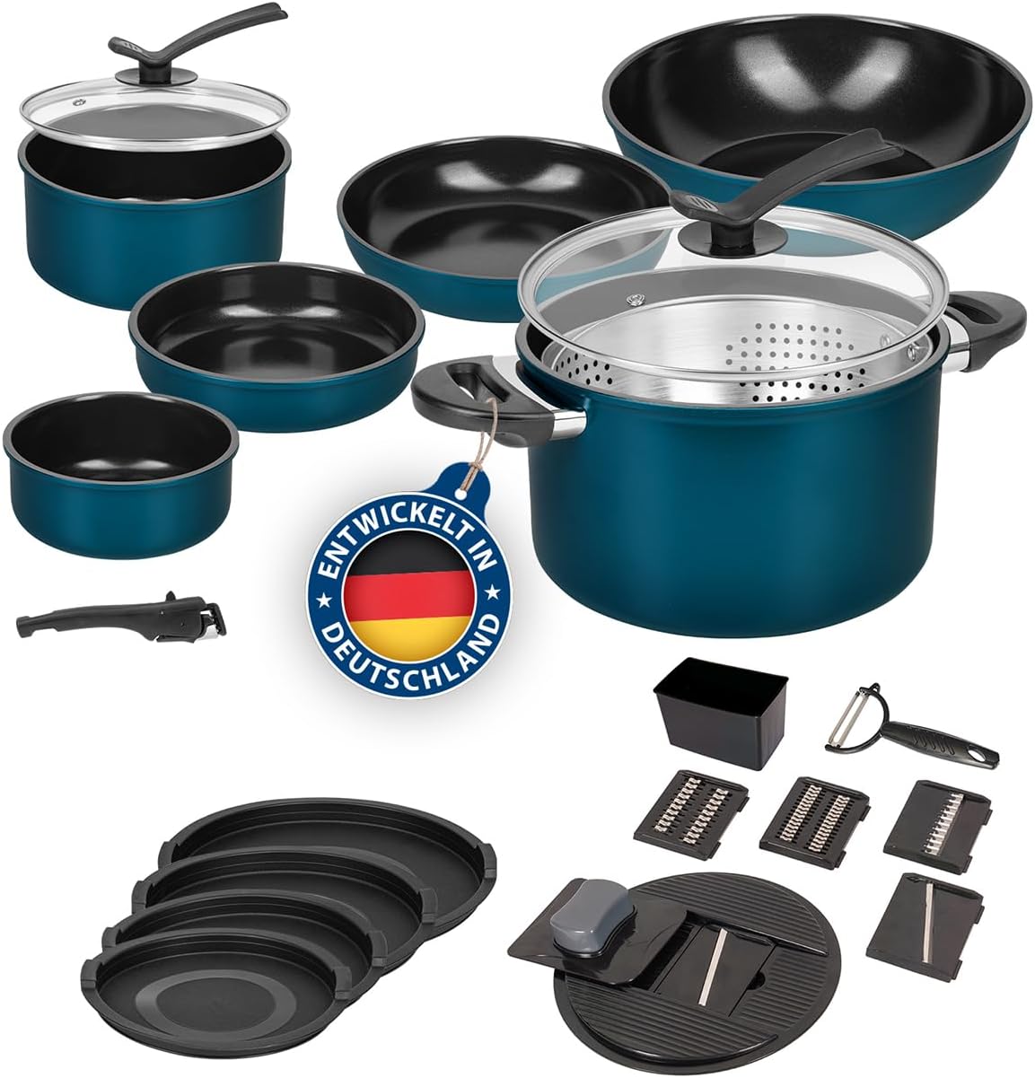 Kelton Pfannenset Töpfe Set 3 in 1 mit Deckel und Gemüseschneider 27 tlg., Kochgeschirr mit Pfannen und Kochtöpfen mit Antihaft Beschschichtung, PFOA & PTFE-frei, abnehmbarer Griff