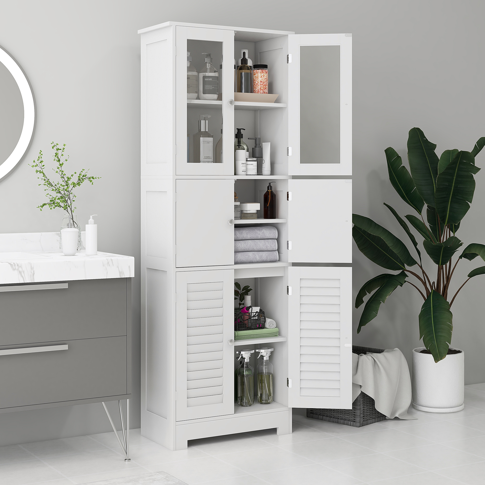 HOMCOM Mobile Colonna Bagno mit 3 Schränken und Türen aus Glas und Lamellen, 60x30x170.5cm, Weiß