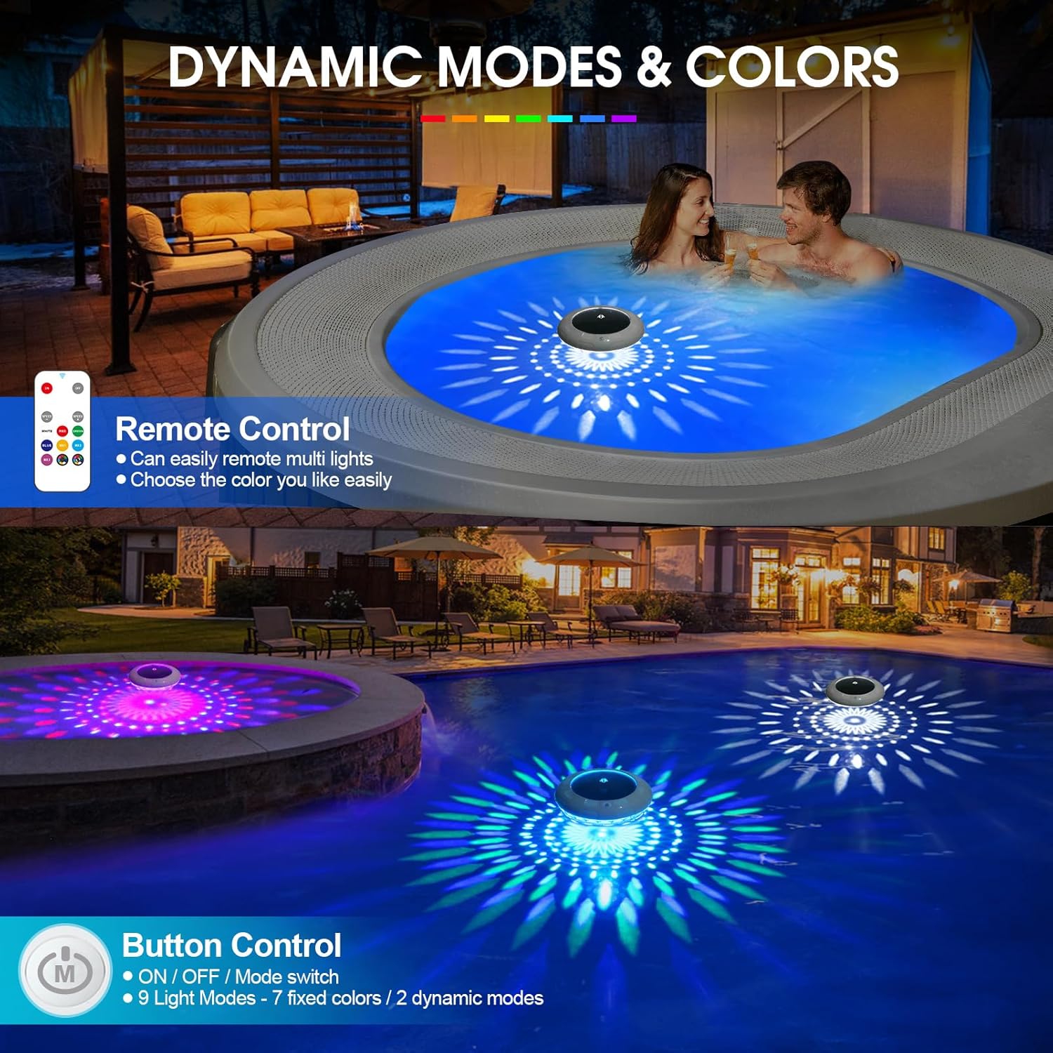 Schwimmende Poolleuchten mit Fernbedienung, 16,5 cm RGB-Farbwechsel, Solar-Pool-Lichter, die mit 9 dynamischen Beleuchtungen schwimmen, IP68 wasserdicht, hängbar, solarbetriebenes Licht für