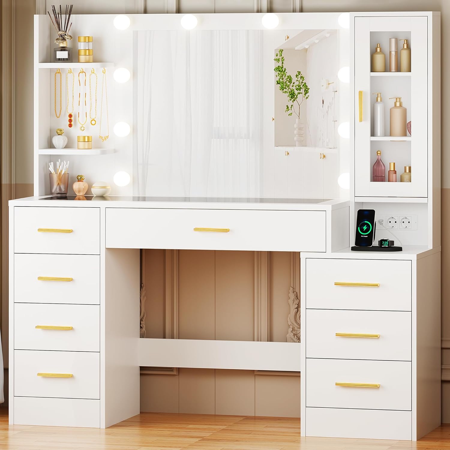 ANWBROAD BDT88W Large Makeup Table with Lights and Mirror, Adjustable Brightness, Make-up Vanity with Glass Top and Sockets on 8 Drawers 3 Open Shelves 5 Hooks Modern White