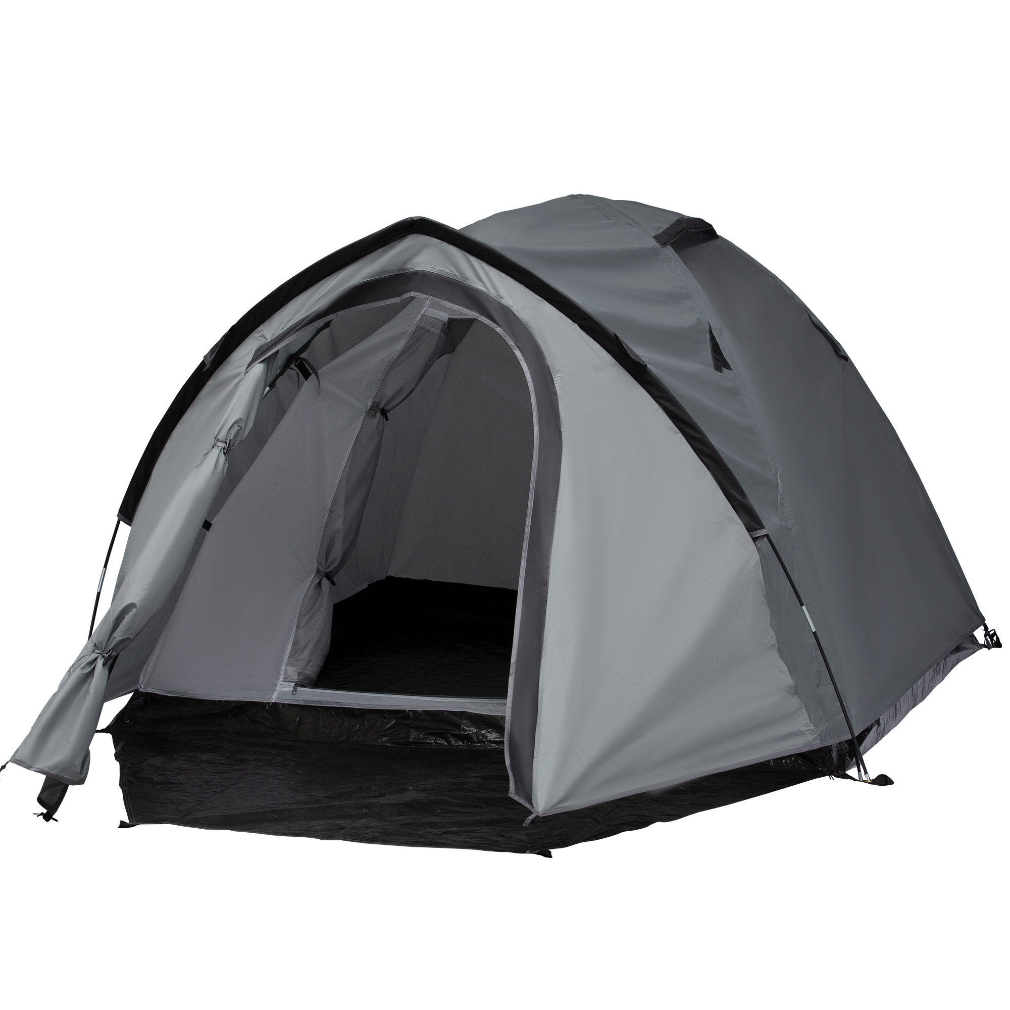 Outsunny Campingzelt 2-3 Personen wasserdichtes leichtes belüftetes Dôme-Zelt 2 Türen Fenster Glasfaser-Polyester PE Grau