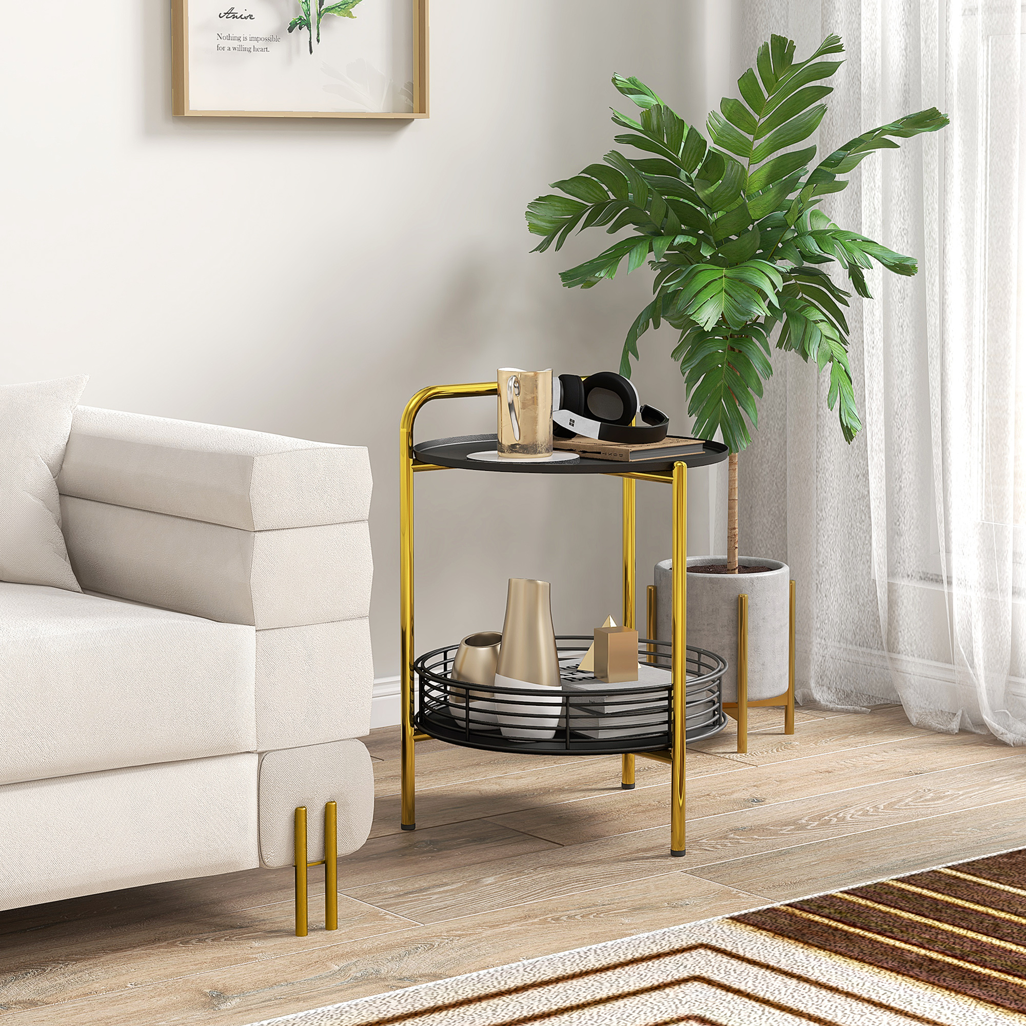 HOMCOM Beistelltisch 2-in-1 Design Industriedesign Serviertablett + Beistelltisch 1 Regal Stahl Gold + Schwarz