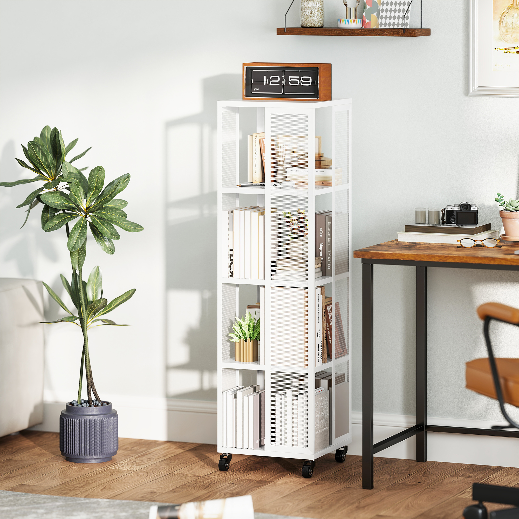 HOMCOM Moderne 4-Ebenen Metallregal mit Drahtgitter und Rollen, 35x35x129 cm, Weiß