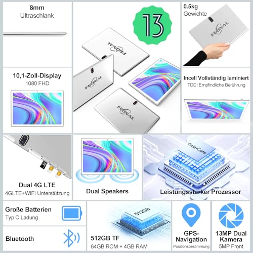 Tablet 2024 da 10 pollici, Android 13, 4 G LTE, tablet con 2 SIM 1 SD, tablet 3 in 1 con tastiera, 64 GB, ROM, 512 GB, TF, Octa Core, 1080P FHD, 13 MP, 6000 mAh, Bluetooth, WiFi GPS tipo C, argento : Informatica