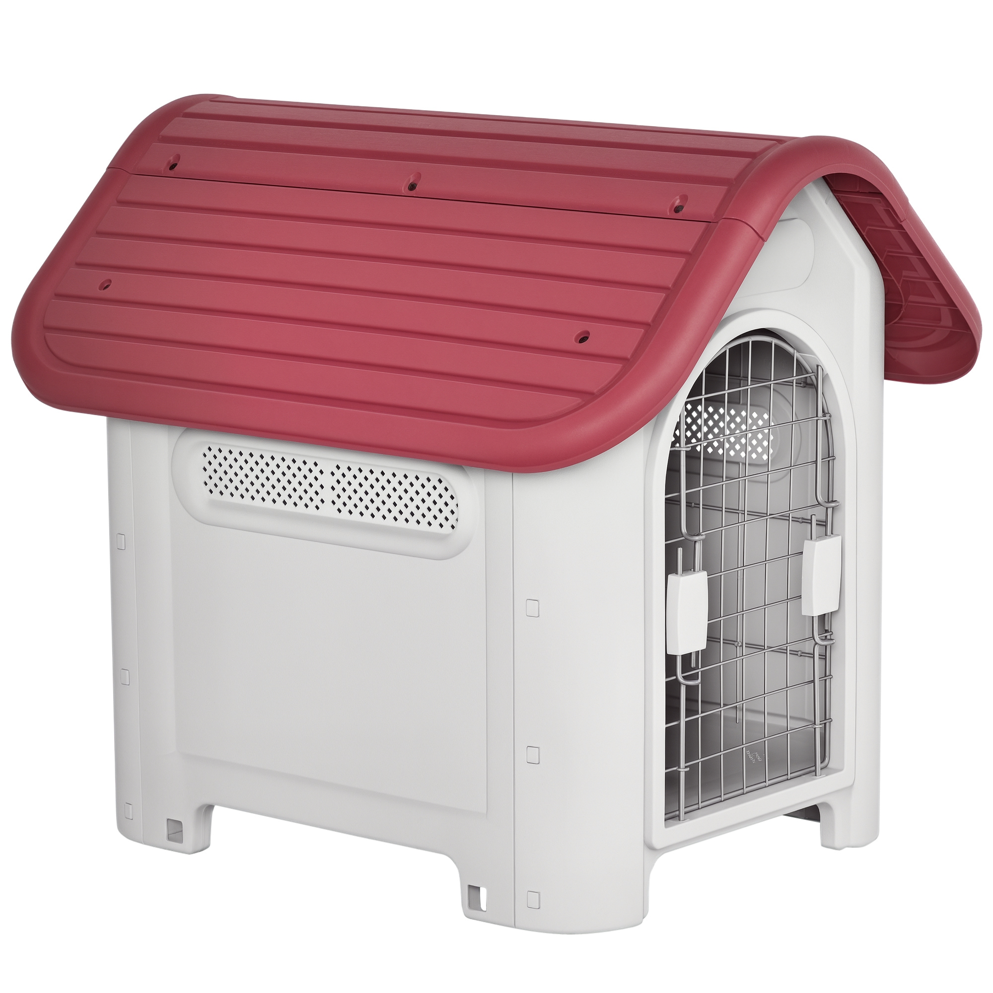 PawHut Hundehütte Outdoor Hundehaus mit Dachluke Tor Unterschlupf für kleine Hunde Kleintierstall Luftzirkulation wasserdicht Metall Kunststoff Rot+Hellgrau 59 x 75 x 66 cm