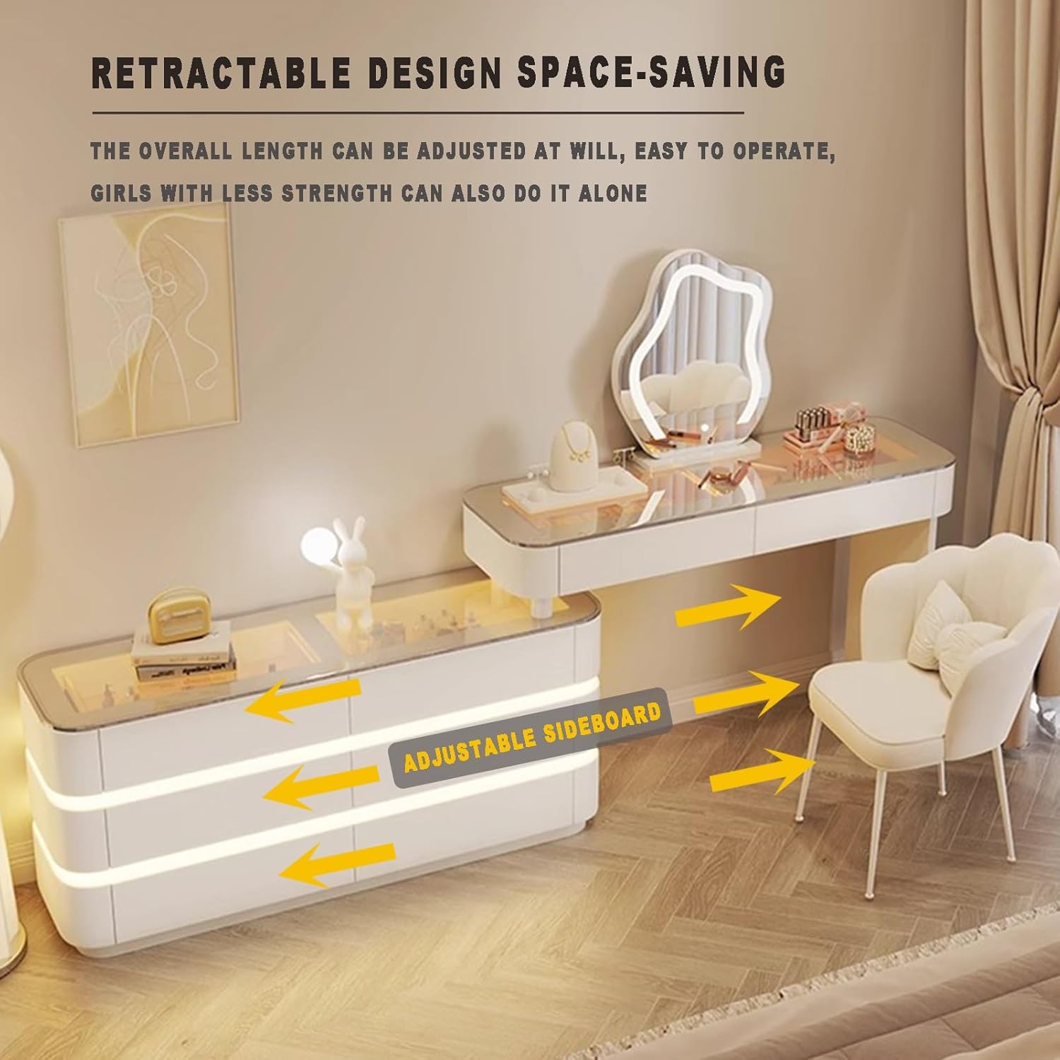Makeup Table with Lights and Adjustable LED Sockets, Makeup Table with 8 Drawers, for Bedroom