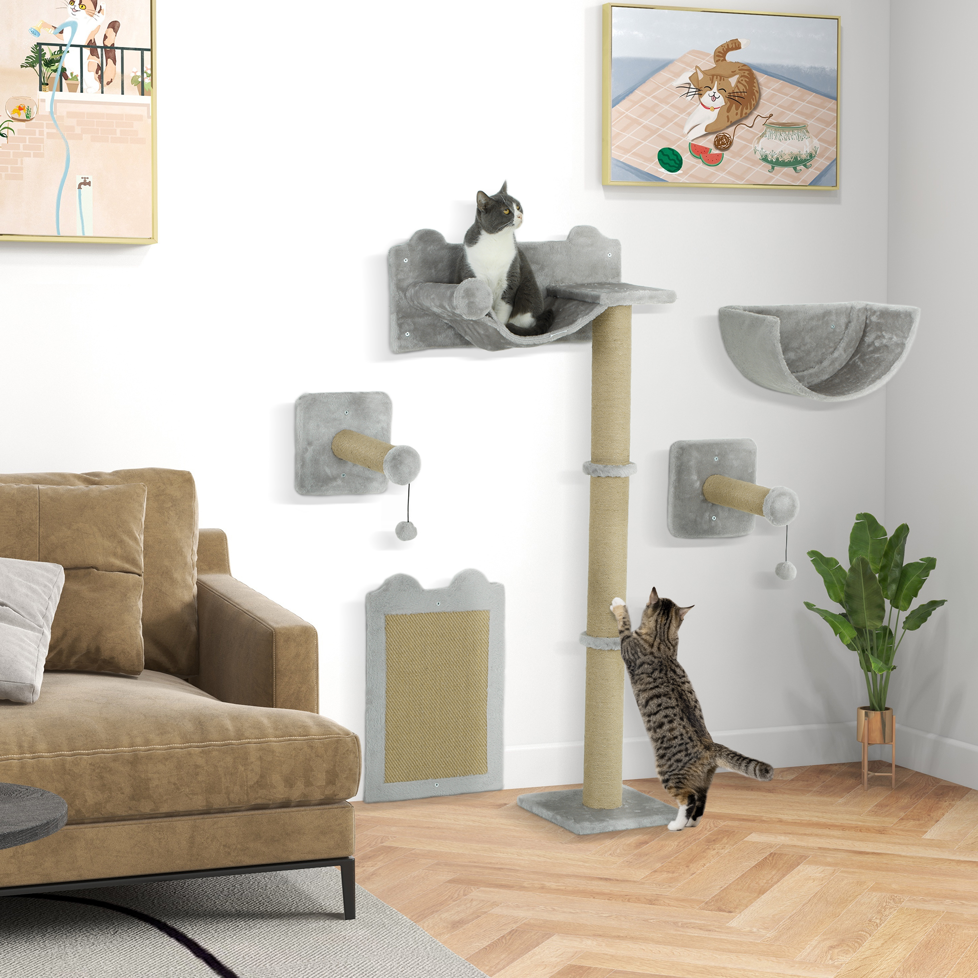 PawHut 5-teiliges wandmontiertes Kletterset für Hauskatzen mit Kratzpfosten, Kratzmatte, Katzenbett, Spielzeugbällen, Hellgrau