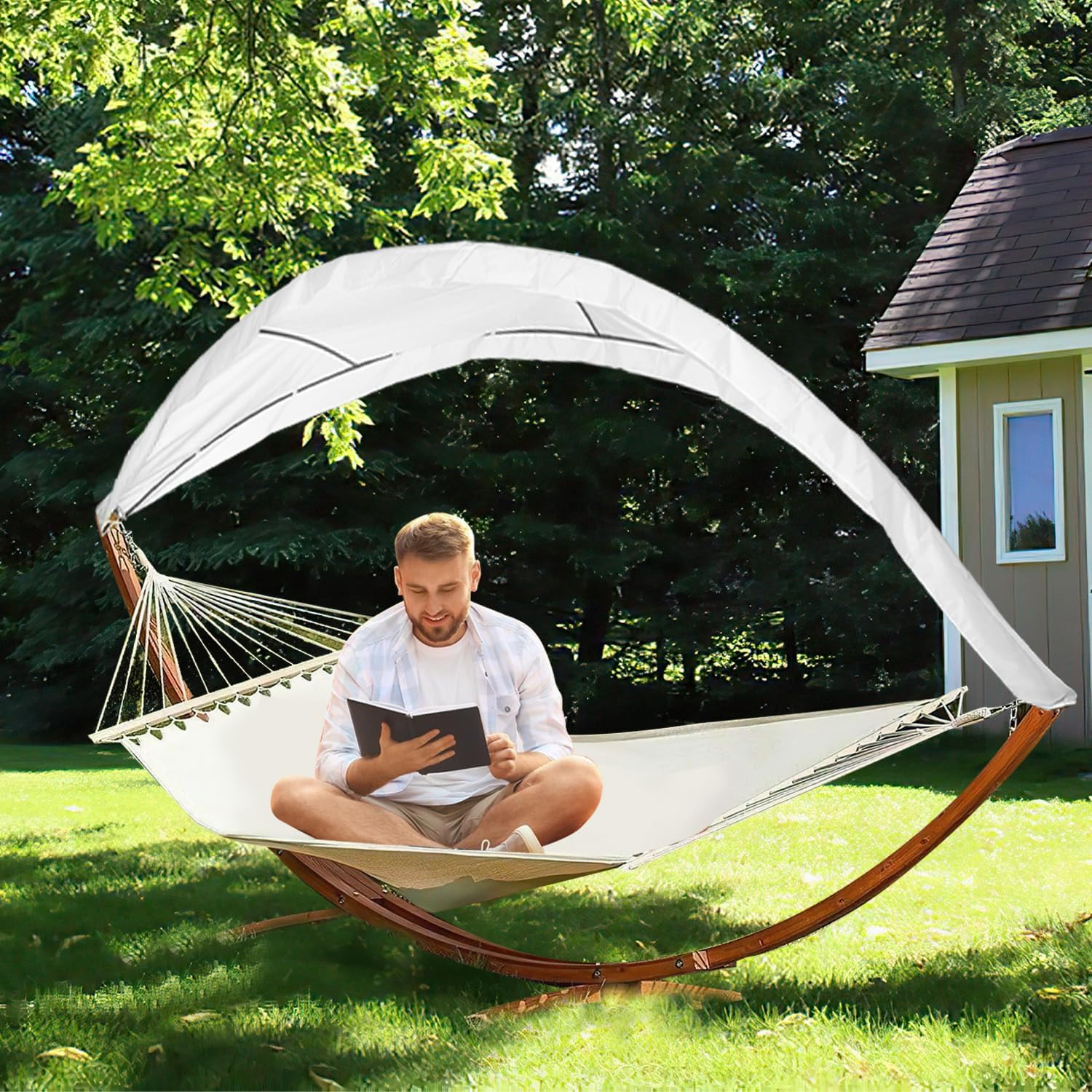 Hängematte Outdoor, Liegefläche 200x150cm, Belastbarkeit max 200 kg, Doppelliege mit Gestell, Hängematten Möbel für Balkon, Hängeschaukel