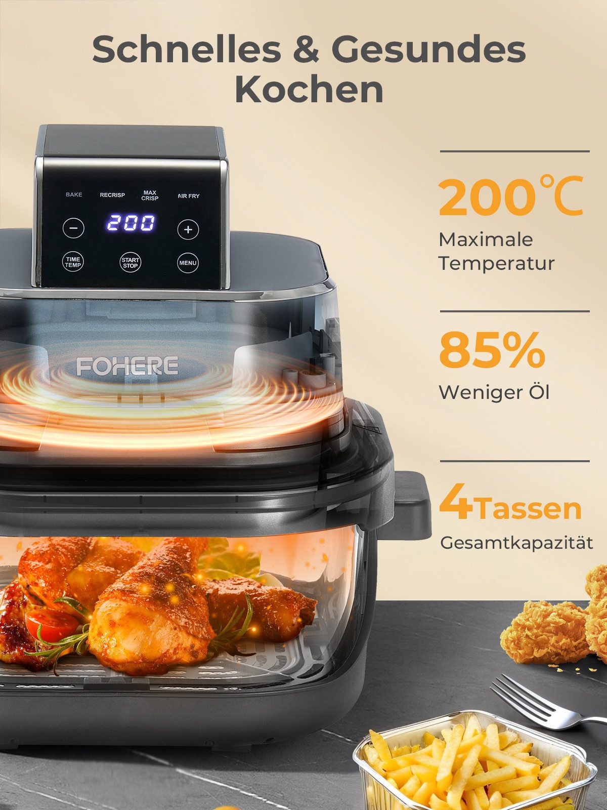 Heißluftfritteuse Tragbare Heißluftfritteuse, 4-in-1 Heißluftfrittieren für Bake, Recrisp, Max Crisp, Airfryer