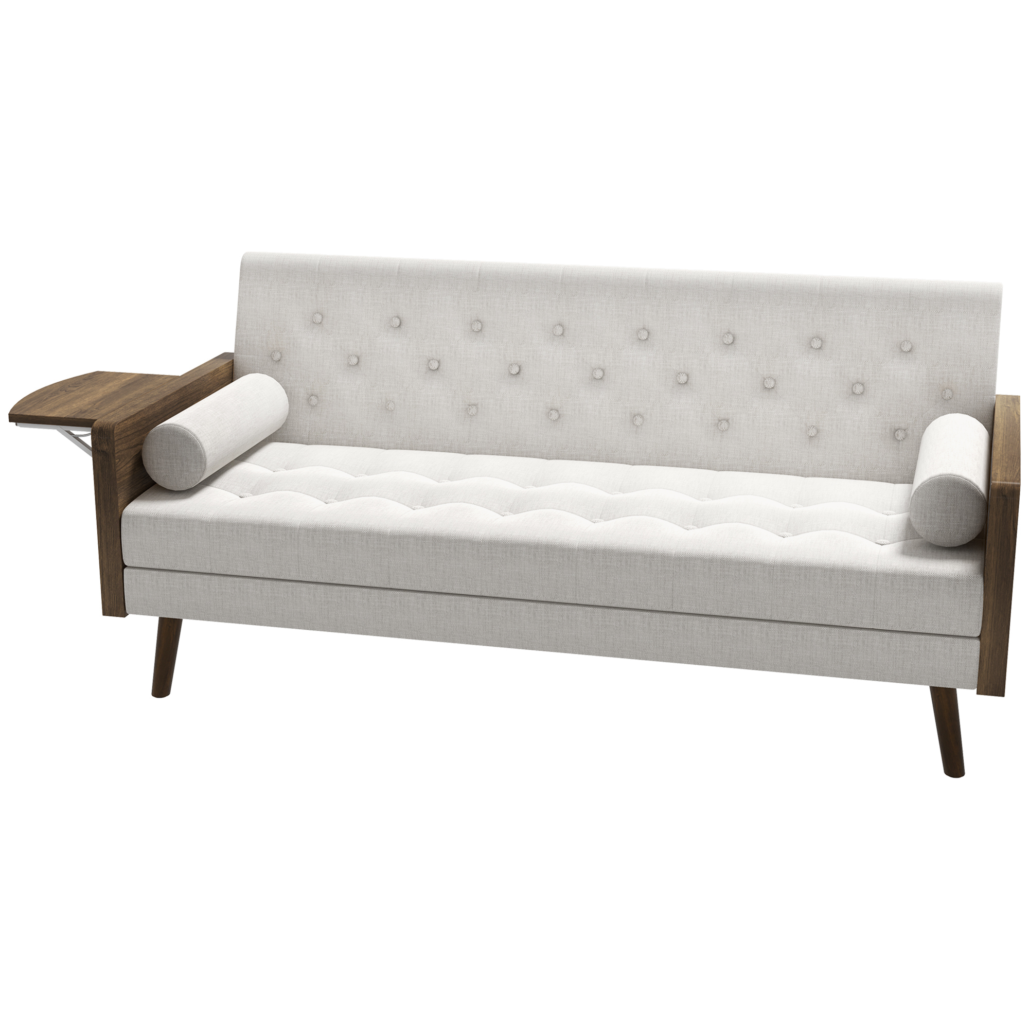 HOMCOM Schlafsofa mit 3 Plätzen im skandinavischen Design, verstellbarer Rückenlehne in 3 Positionen, klappbarem Tablett, 2 Kissen inklusive, schlanken Eukalyptusholzbeinen, Stoff aus Baumwolle und Polyester in Leinenoptik, Beige