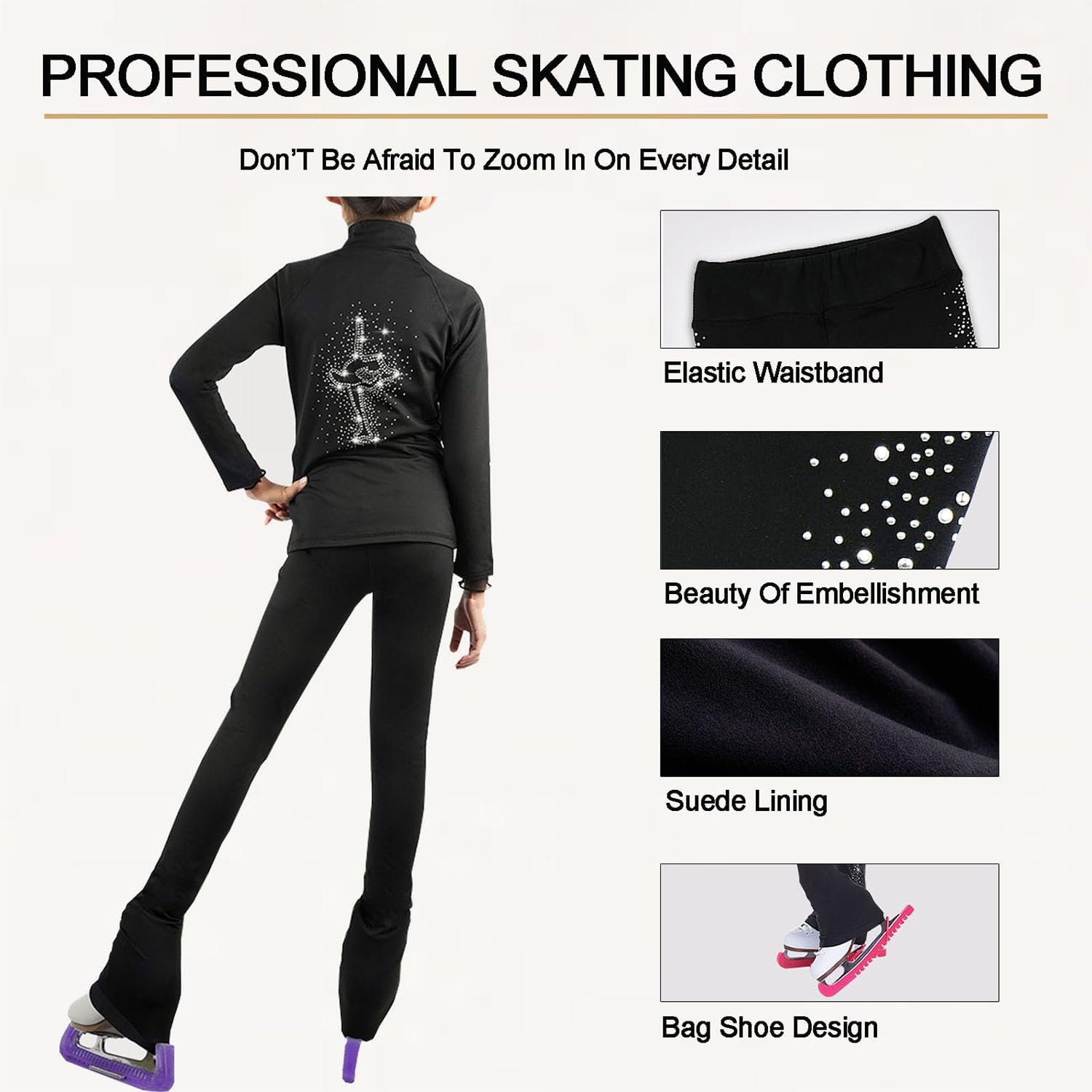 Eislauf-Outfit für Mädchen, Eiskunstlaufjacke, Eiskunstlaufhose, warme Eiskunstlaufhose für Mädchen, Strass-Leggings,Schwarz,L
