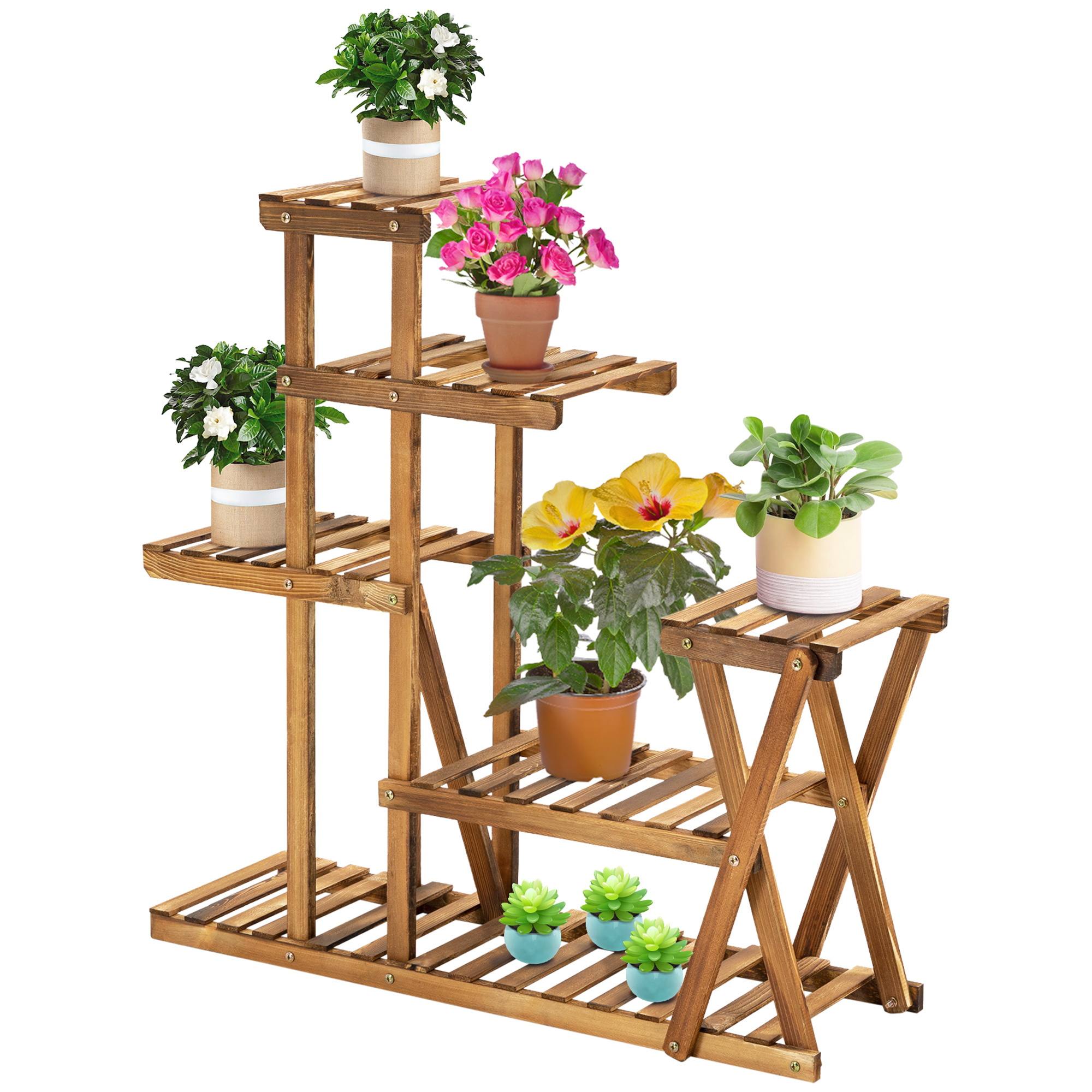 Outsunny Blumenregal aus Holz Pflanzenständer Blumenständer 6 Regale - Maße 98L x 28B x 95H cm - Verkohltes Kiefernholz für Innen Garten Terrasse Balkon