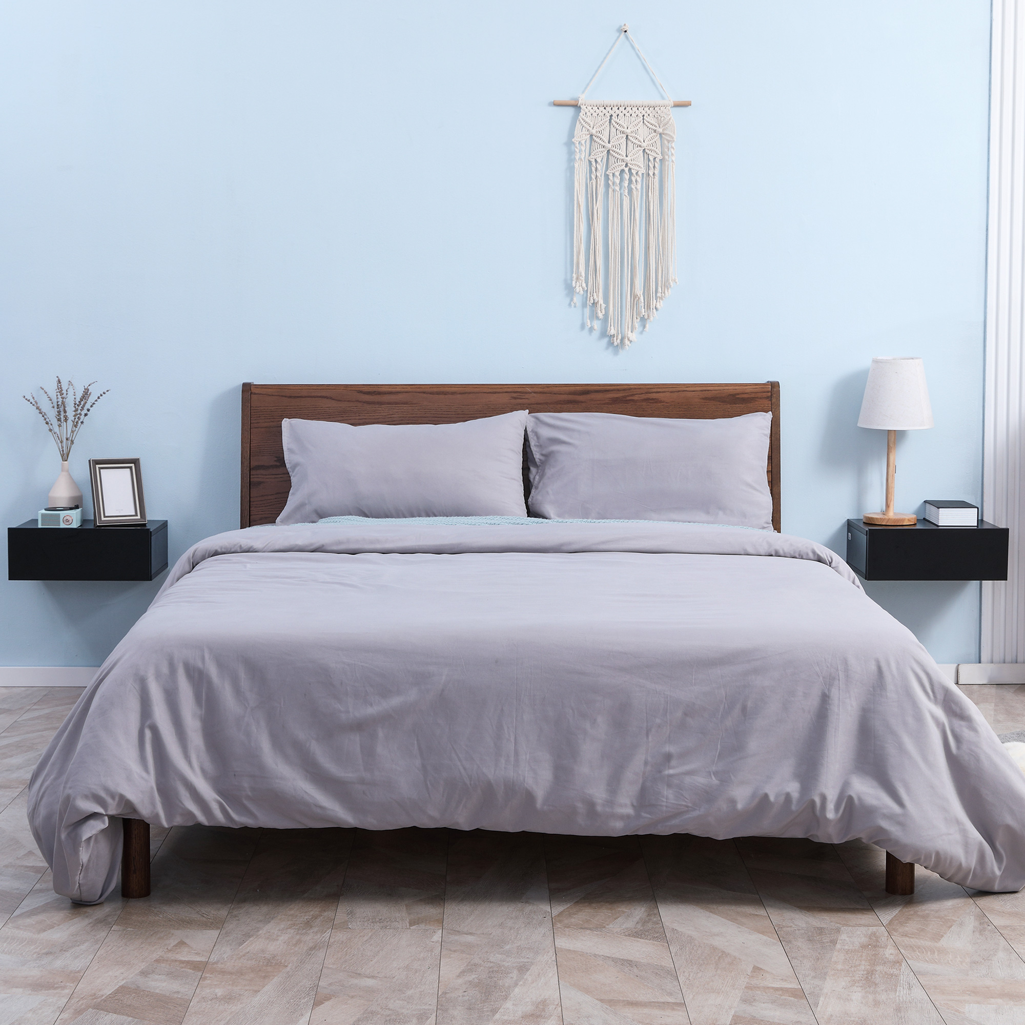 HOMCOM Set mit 2 Wand-Nachttischen - Set mit 2 Nachttischen - Schublade, Regal - Schwarze Spanplatten