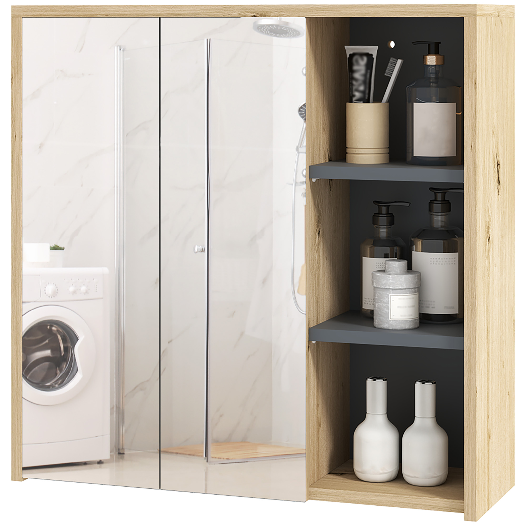 HOMCOM Badezimmerschrank mit Spiegel Badezimmerspiegelschrank Wandmontage 3 offene Regale 60 x 20 x 60 cm Naturholz