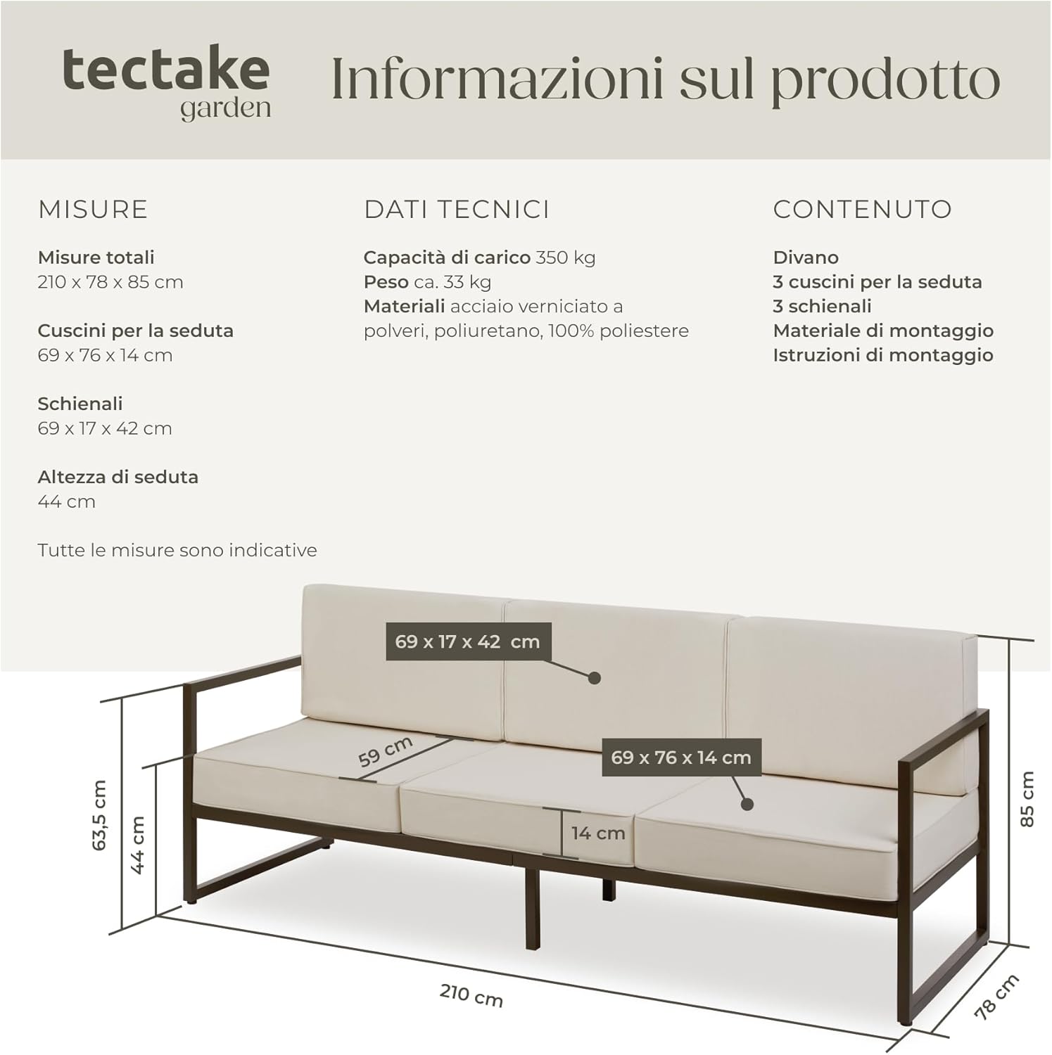 TecTake® Divano da Giardino Comosa, 3 Posti, Imbottitura XXL, Cuscini Spessi, Struttura in Acciaio Verniciato, Rivestimenti Idrorepellenti, Piedini Regolabili