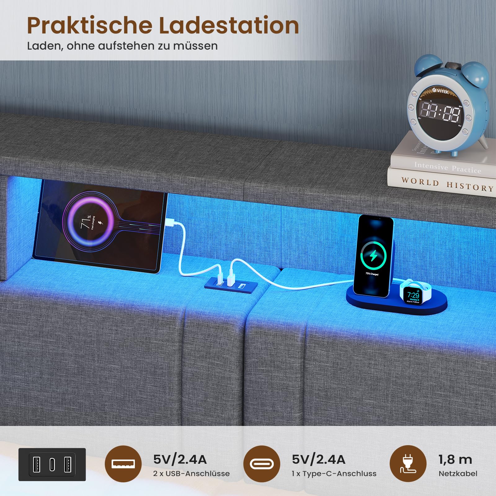 Polsterbett 90x200 cm mit LED-Beleuchtung USB-Ladestationen Stauraum und 4 Schubladen Dunkelgrau