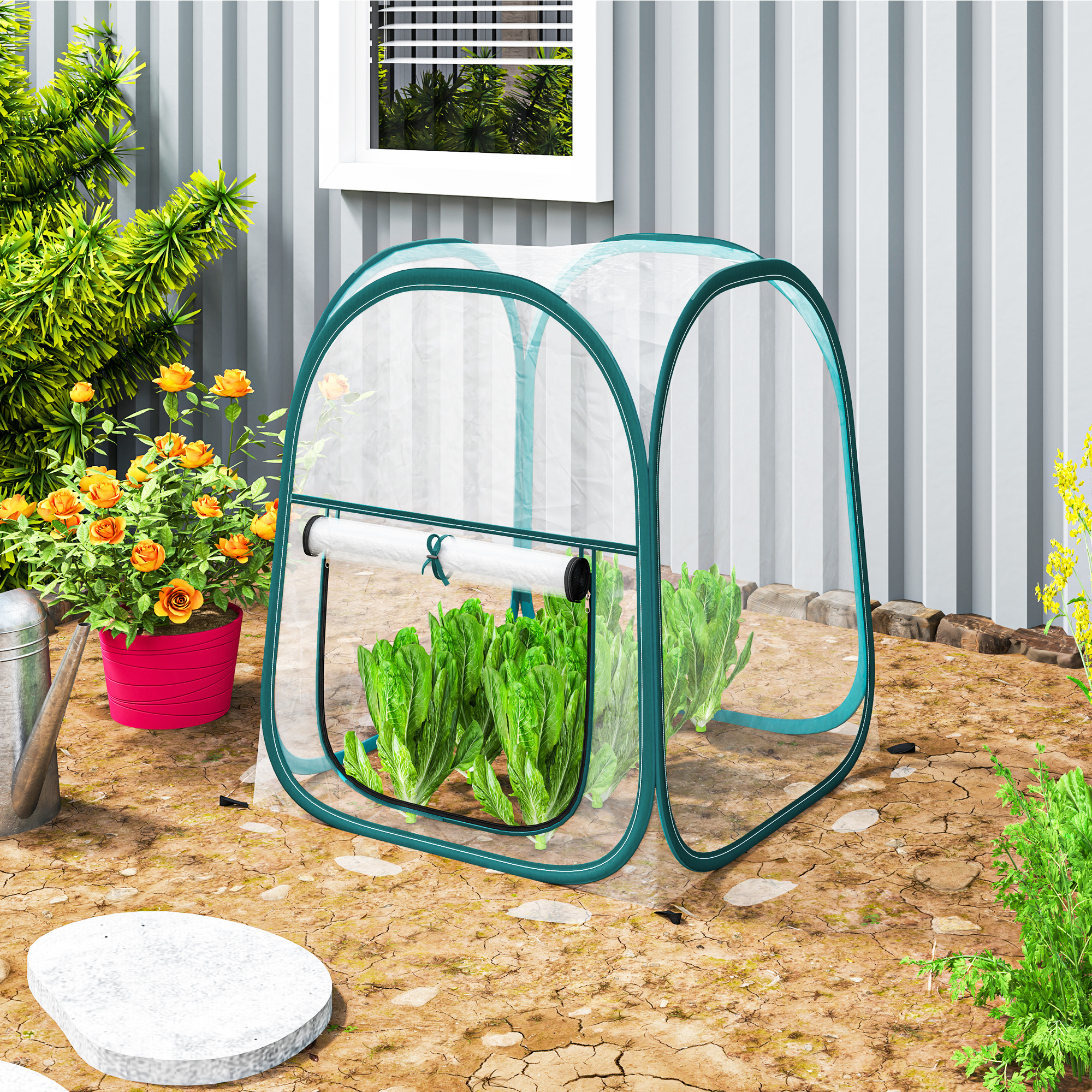 Outsunny Mini Pop-Up-Gewächshaus mit Kunststoffabdeckung, ausrollbarem Fenster und Tasche, 70x70x80 cm, Transparent