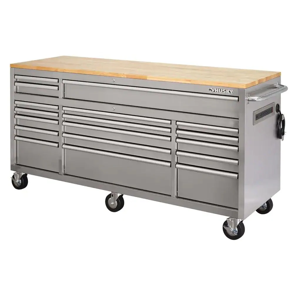 2025 72 in. 18-Drawer 24 in. D Mobile Workbench with Solid Wood Top Stainless Steel