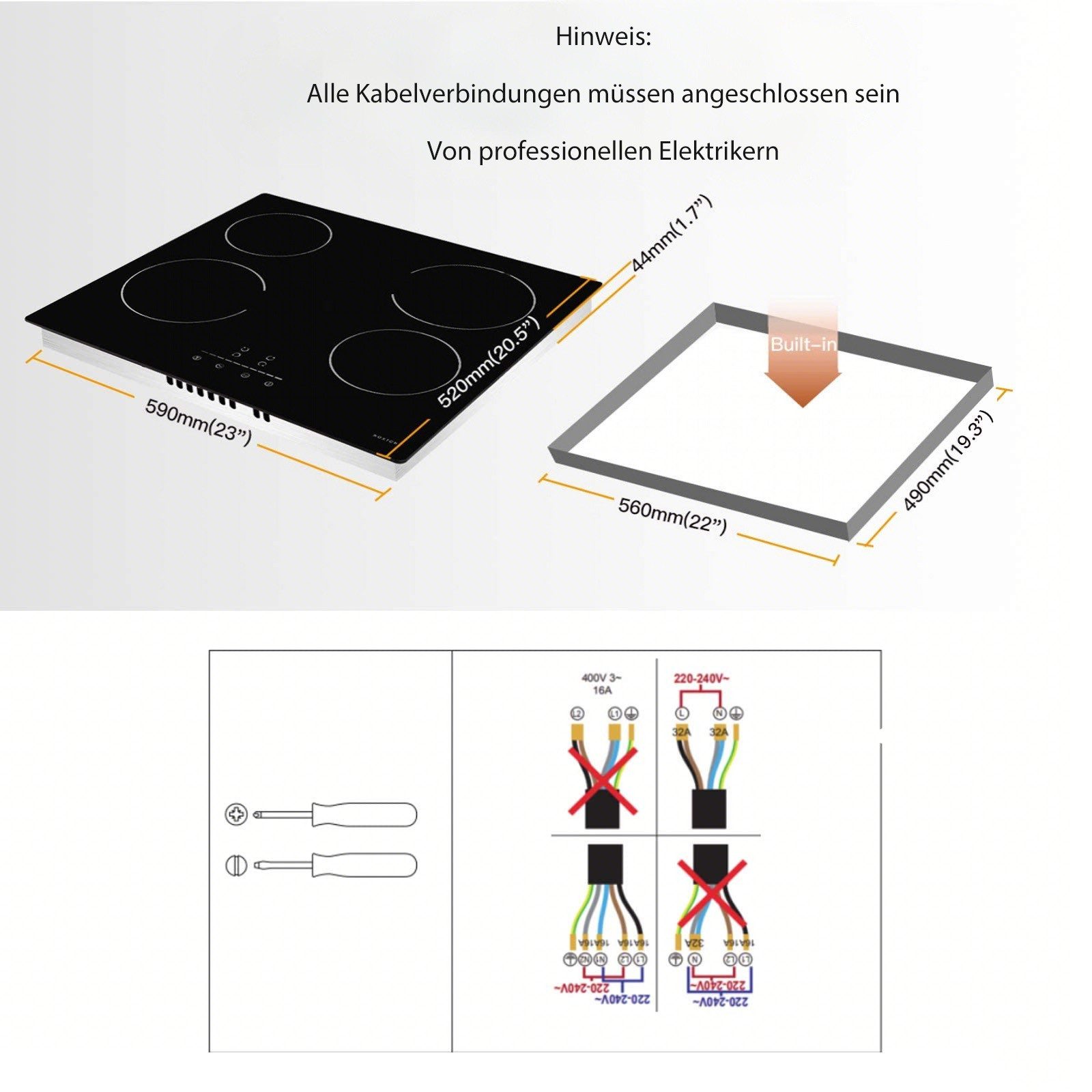 Induktions-Kochfeld 60 cm Schwarzer Glaskocher Autarkes Glaskeramikkochfeld, Eingebautes Elektrisches Kochfeld