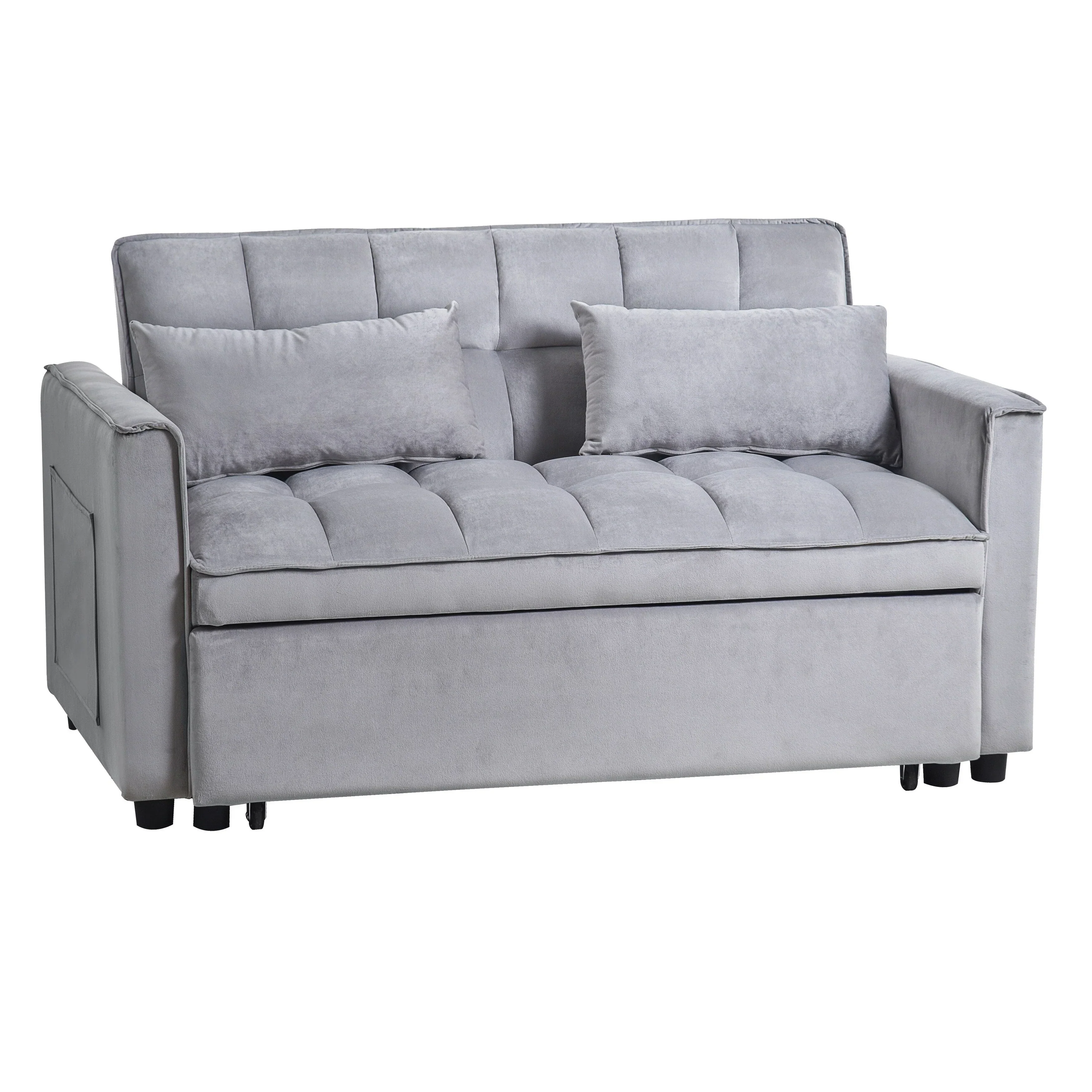 Modern Pull-Out Couch Bed, 3-in-1 Sleeper Sofa with Adjustable Backrest, Velvet Loveseat, Pillows & Side Pockets