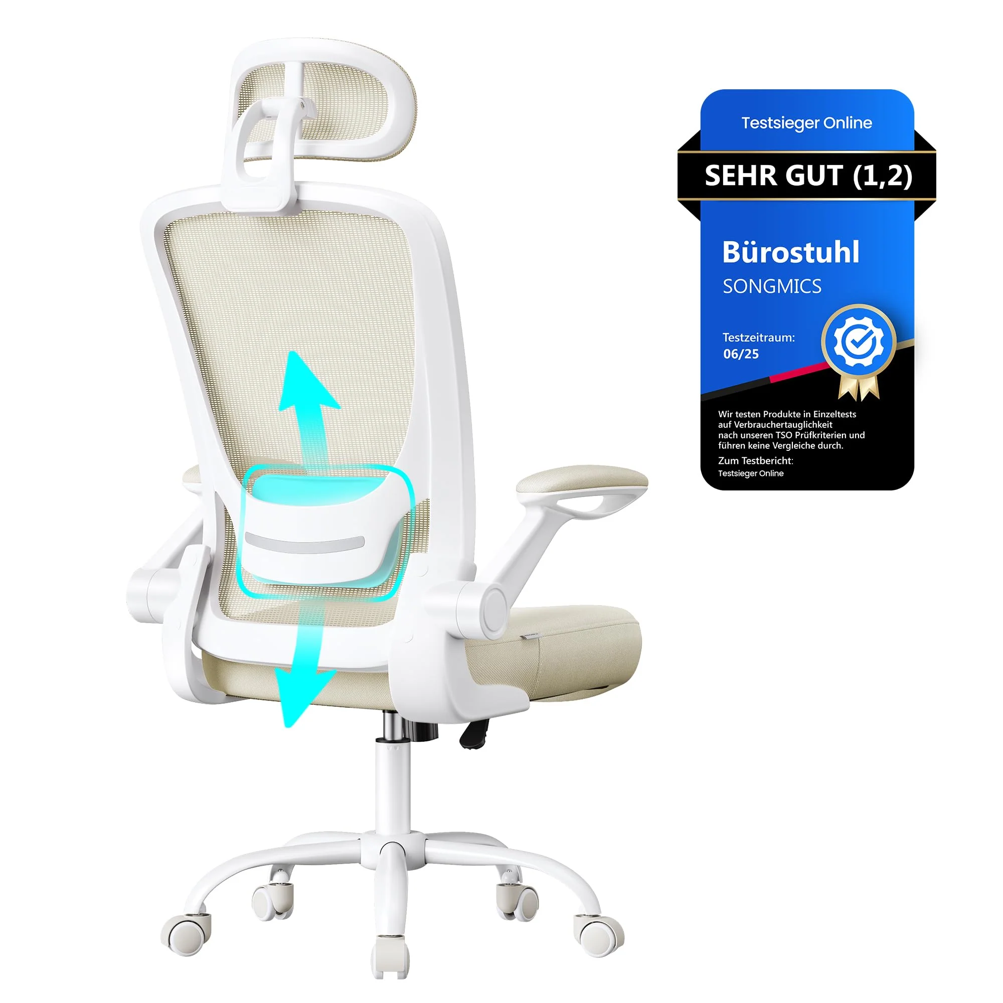SONGMICS Ergonomischer Bürostuhl mit klappbaren Armlehnen und höhenverstellbarem Sitz