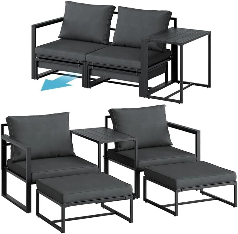 Gartenmöbel-Set STEELSØN, Schwarz/anthrazit, Asteri Sitzgruppe 5-teilig, Gartenmöbel Set mit 2 Sessel, 2 Hocker