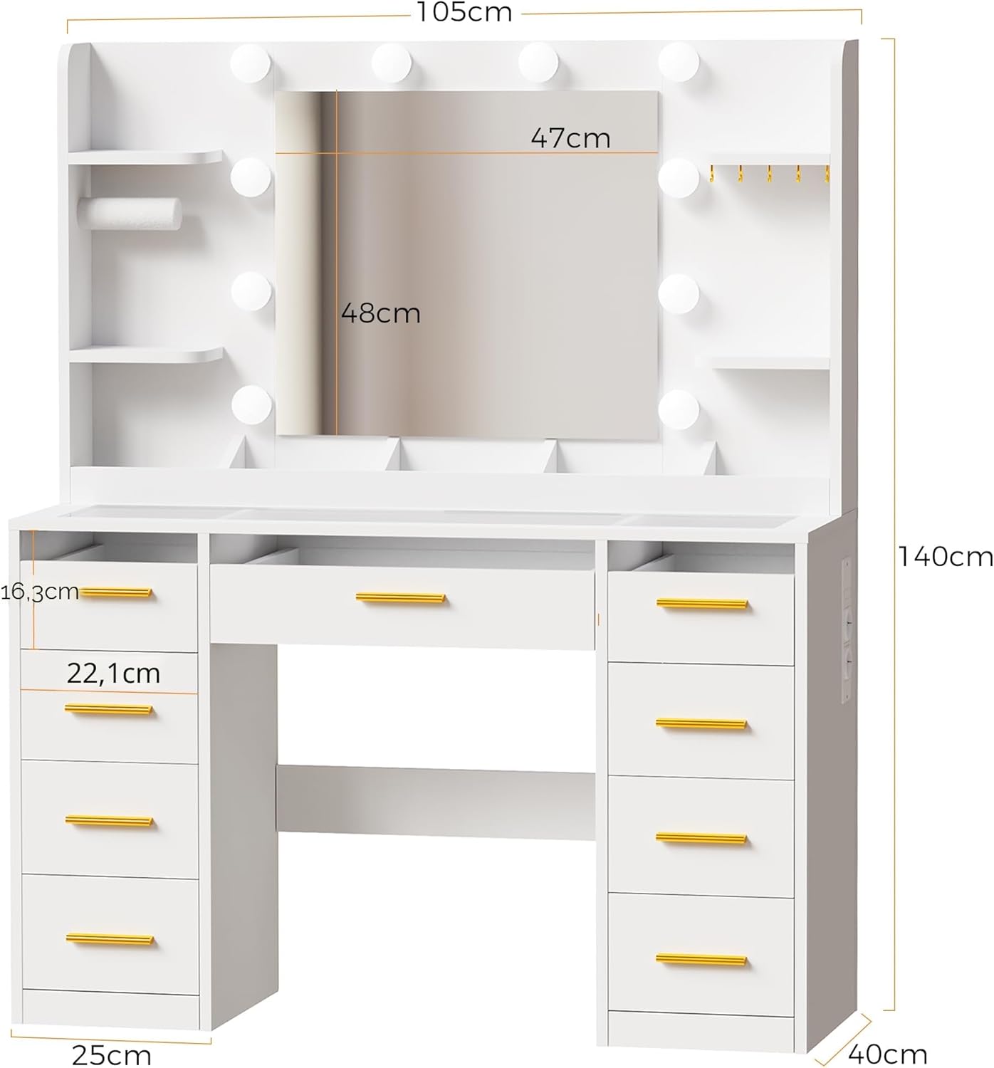 ANWBROAD BDT95W Large Makeup Vanity with Mirror and Adjustable Brightness Lights, Makeup Table with Glass Top, Makeup Desk with Sockets 9 RGB Drawers and 9 Open Shelves Modern White