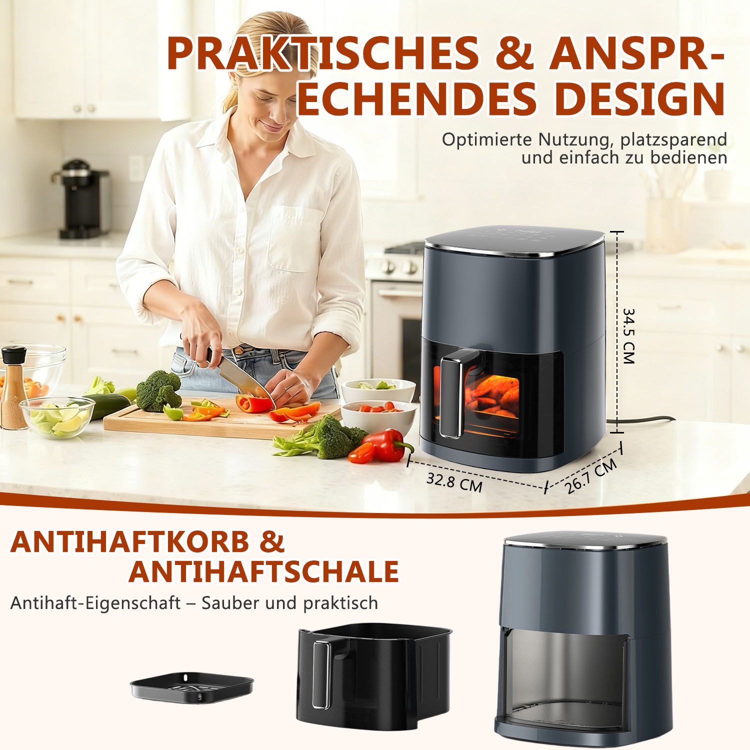 Heißluftfritteuse 6L Ohne Öl Air Fryer Heizluft Fritteuse LED-Touchscreen 12 Programme