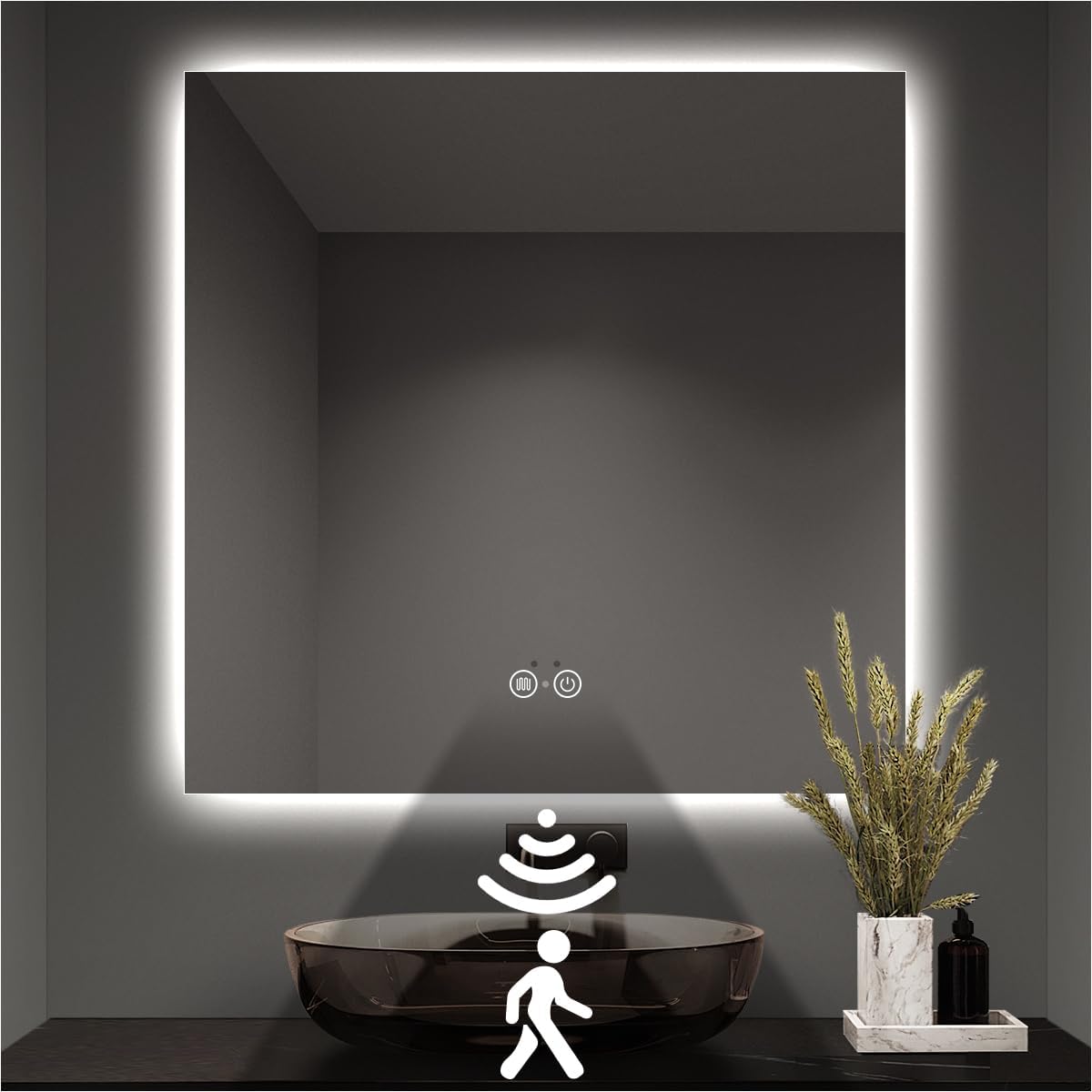 Backlit LED Bathroom Mirror, Infrared Motion Sensor Vanity Mirror with 3-Color Lights, Stepless Dimmable Wall Lighted Mirror with Anti-Fog, Memory, Rectangular (36