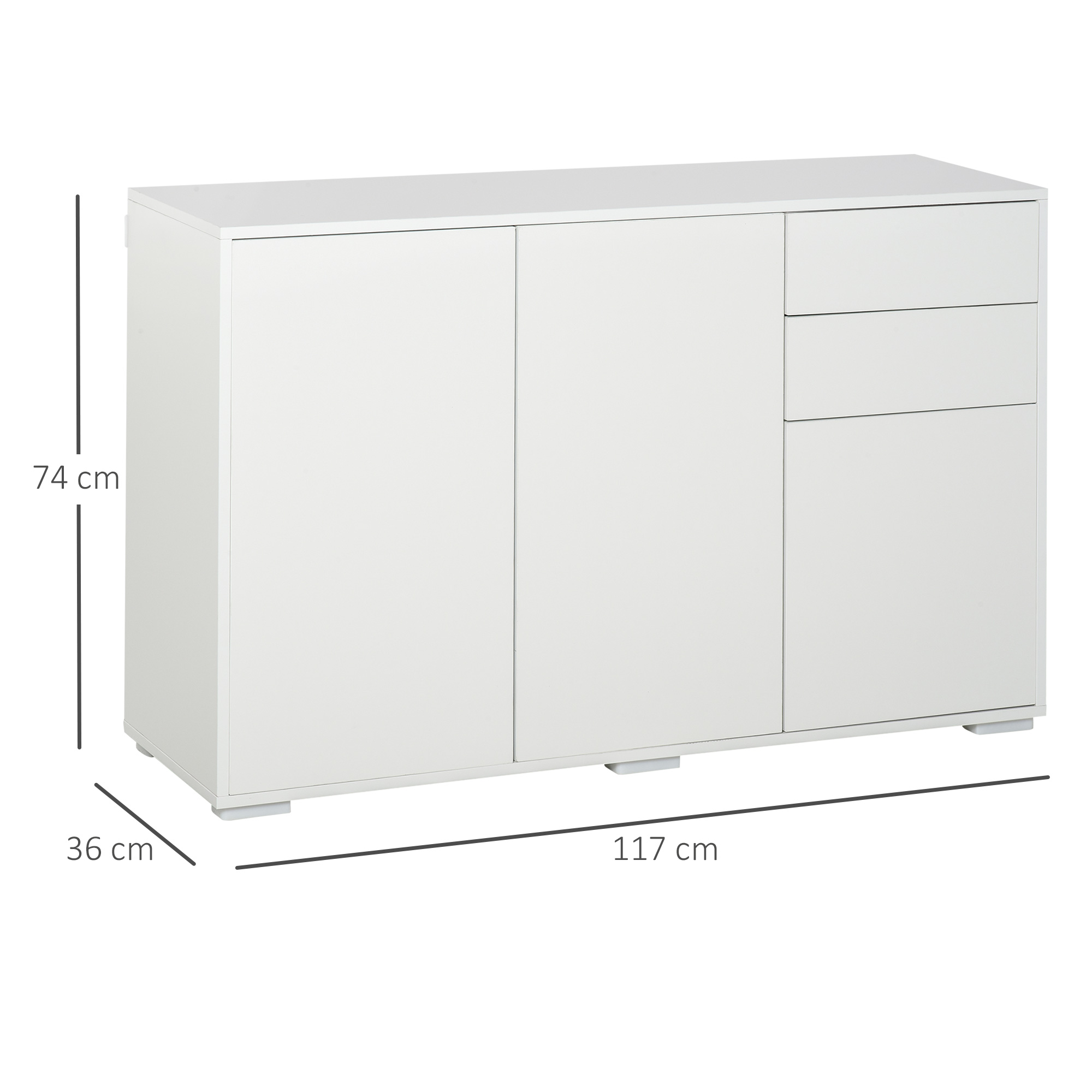 Witte Dressoir Kast, 2 Laden, Push-Click, 117 cm x 36 cm x 74 cm