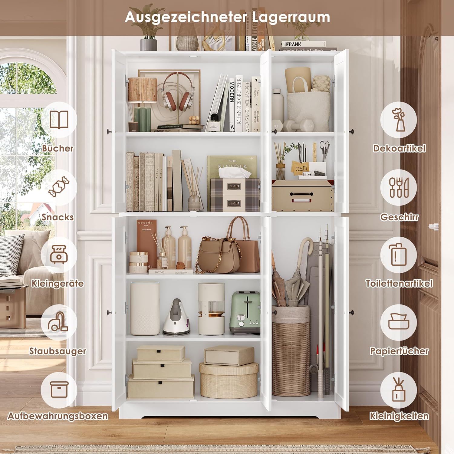 FirFurd Küchenschrank, 180 cm Mehrzweckschrank Vorratsschrank, Buffetschrank mit 6 Türen und verstellbaren Einlegeböden, Allzweckschrank für Küche Wohnzimmer Eingangsbereich, 180x106x37 cm, weiß