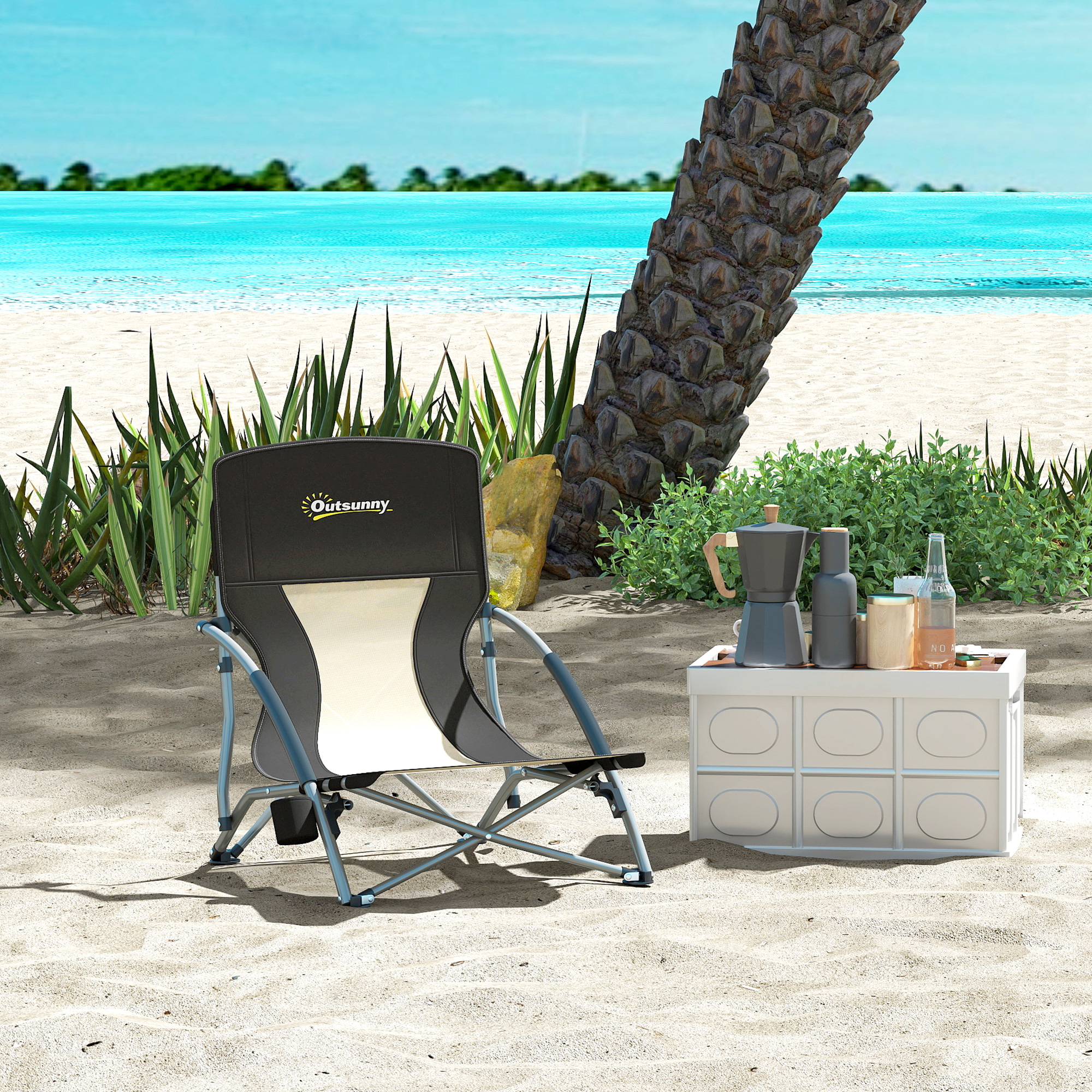 Outsunny Faltbarer Strandstuhl Campingstuhl leicht Tragetasche Getränkehalter 58 x 55 x 62 cm schwarz