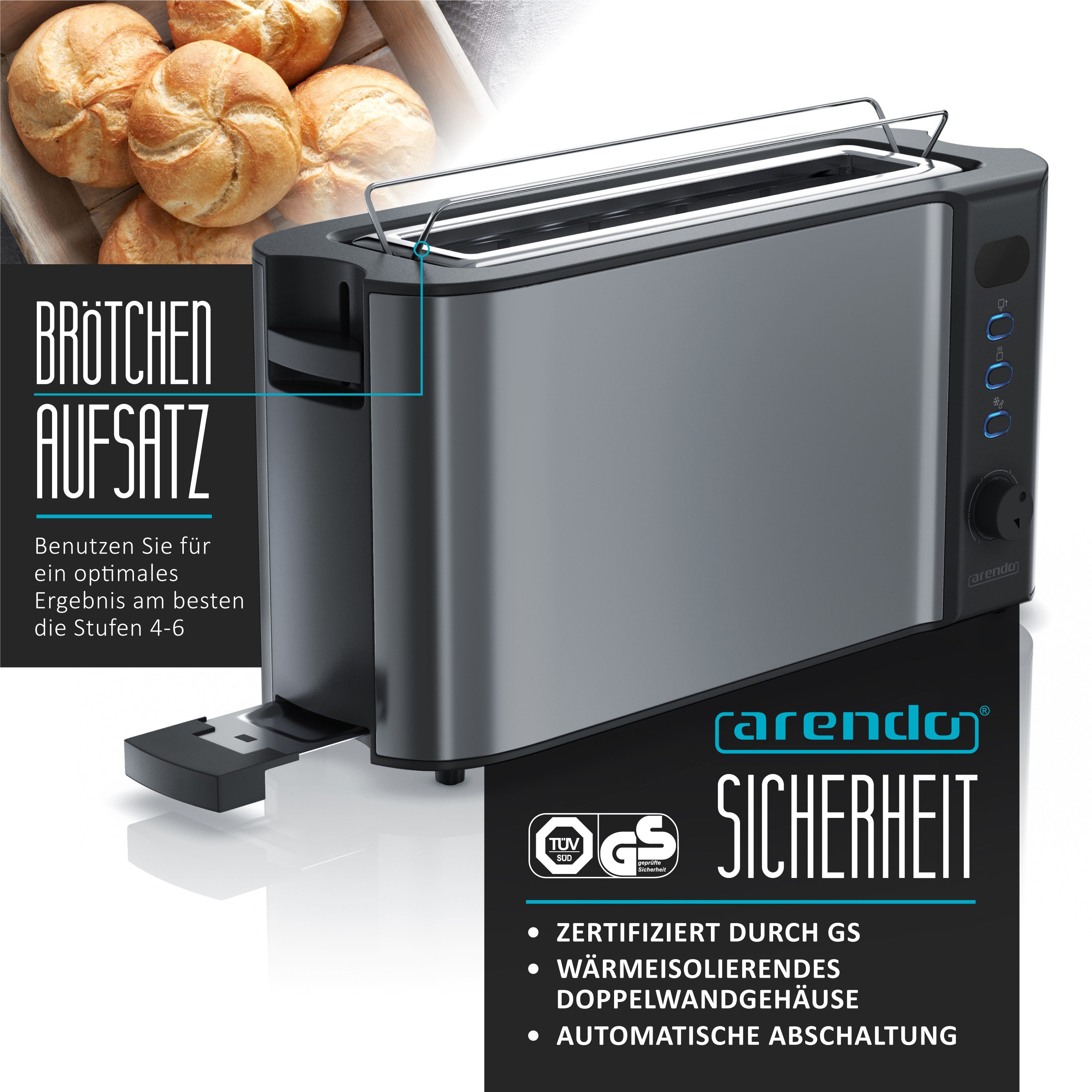 Toaster Langschlitz, Edelstahl, Display mit Restzeitanzeige, Brötchenaufsatz
