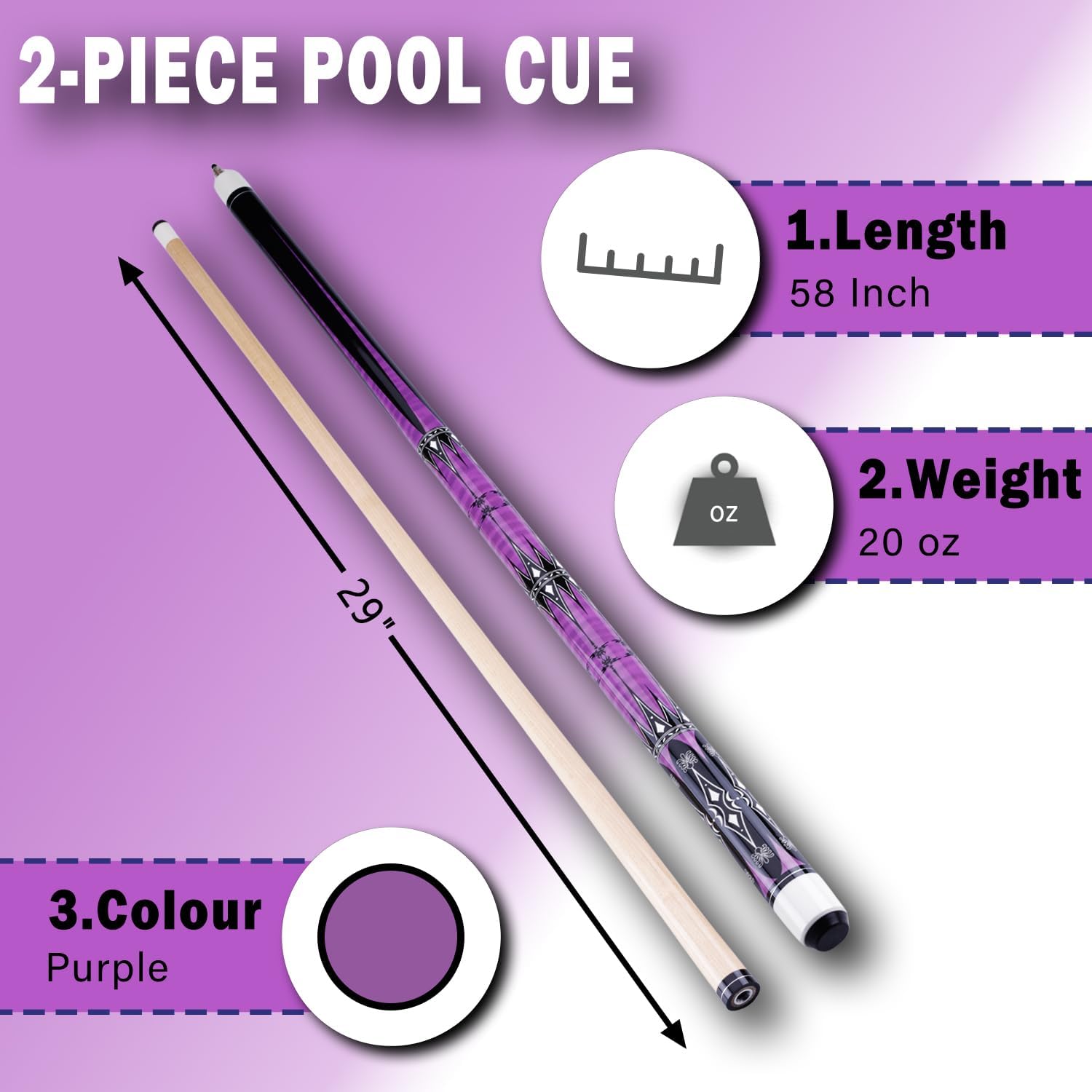 Sinsilvie 13mm 58 Pollici 19 20 Once Stecche Biliardo Pool,1/2 Maple Pool Cue Stick,Bastone da Biliardo da Bar per Uomini e Donne.