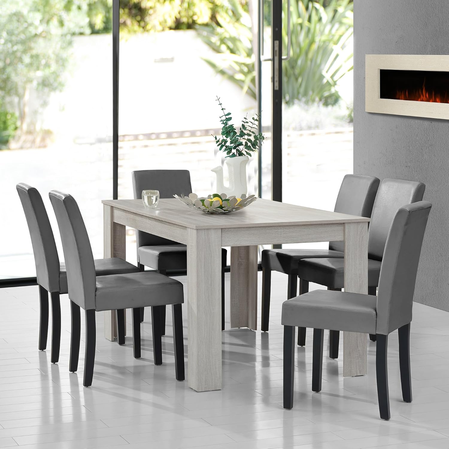 [en.casa] Set Pranzo con Tavolo in MDF 140x90 cm e 6 Sedie Imbottite in Similpelle - Set Elegante per Sala da Pranzo e Cucina - Effetto Rovere Bianco/Grigio Chiaro