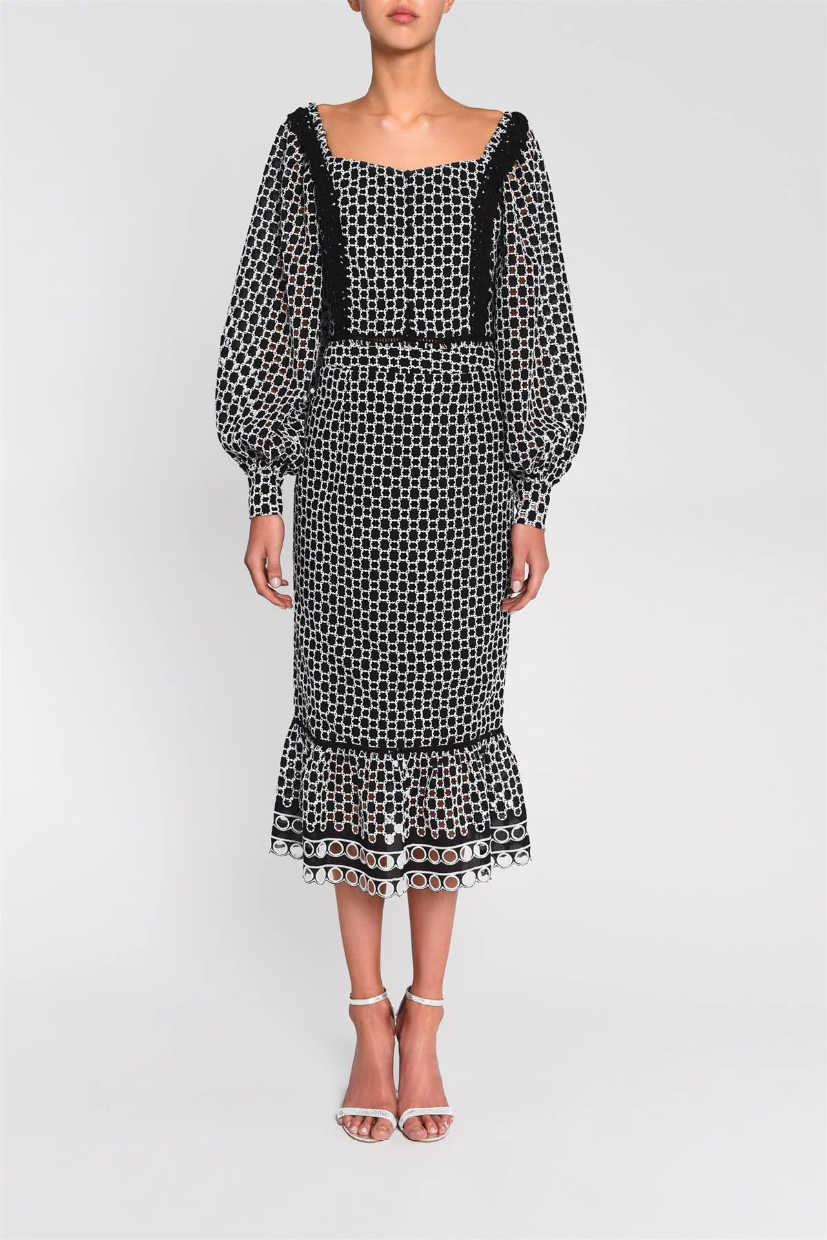 Artemis Black White Broderie Midi Skirt