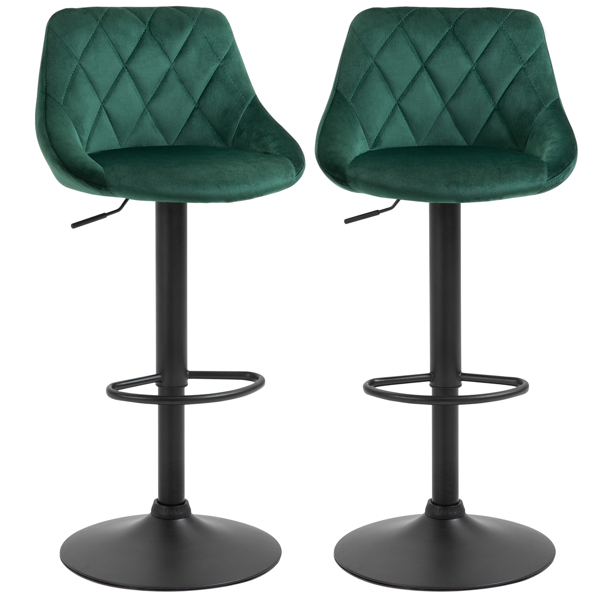 HOMCOM Set 2 Barhocker, Höhenverstellbar mit Metallbasis und Samtsitz, Moderne Hocker mit Rückenlehne und Fußstütze, 46x48x83-104 cm, Dunkelgrün