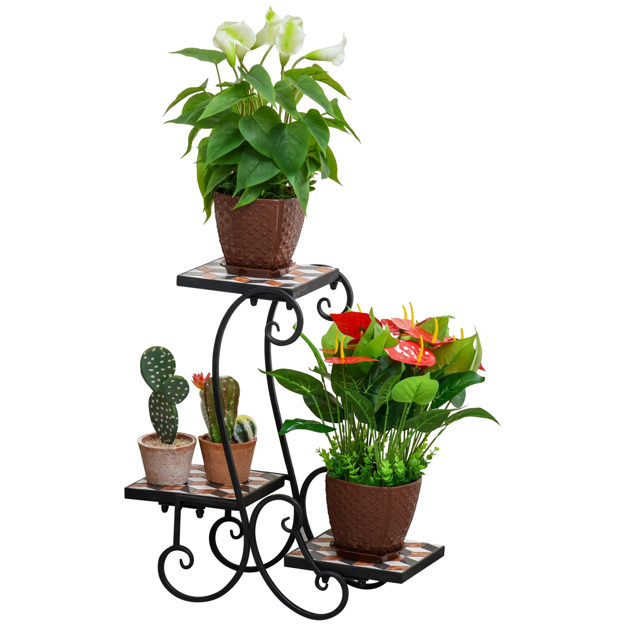 Outsunny Blumenständer Blumenregal Pflanzenständer Blumenbank Mosaiktisch Kachel Metall für drinnen und draußen Schwarz