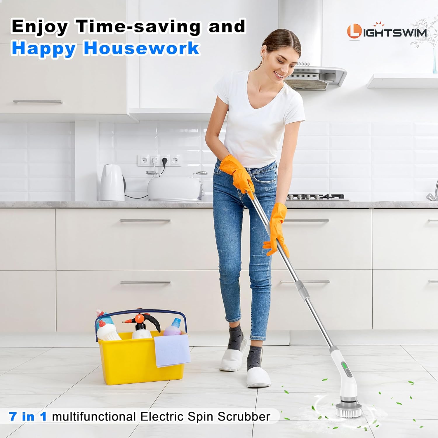 Spazzola elettrica rotante 7 in 1, potente pulizia a 420 giri/min, spazzola per il bagno da 1,5 ore a doppia velocit脿 con braccio di prolunga per cucina, auto, piastrelle, pareti, pavimenti, doccia