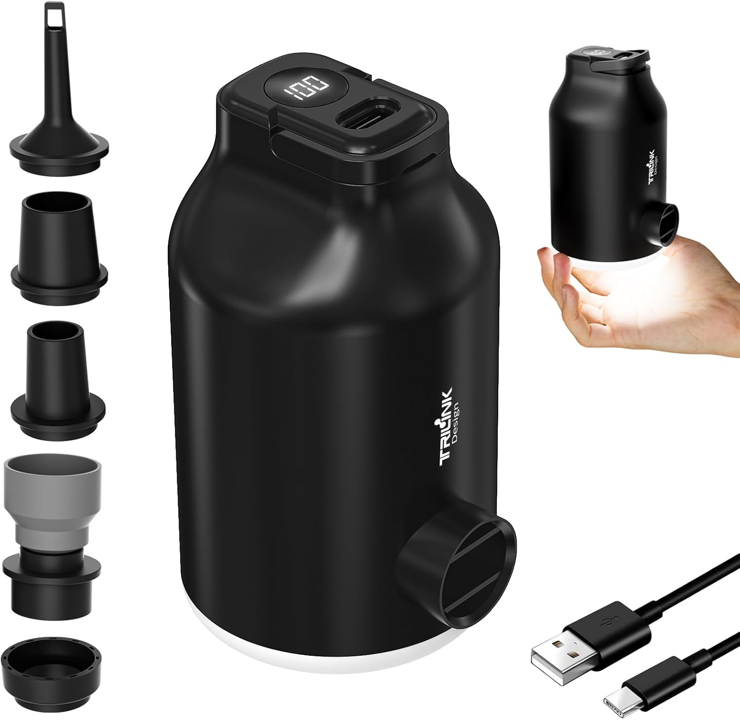 Pompa ad Aria Elettrica per Materasso Letto Gonfiabile, Sacchi Sottovuoto Vestiti– Mini Portatile, Ricaricabile, Gonfiaggio Rapido con 5 Ugelli, Luce LED, Spegnimento Auto per Anelli da Nuoto