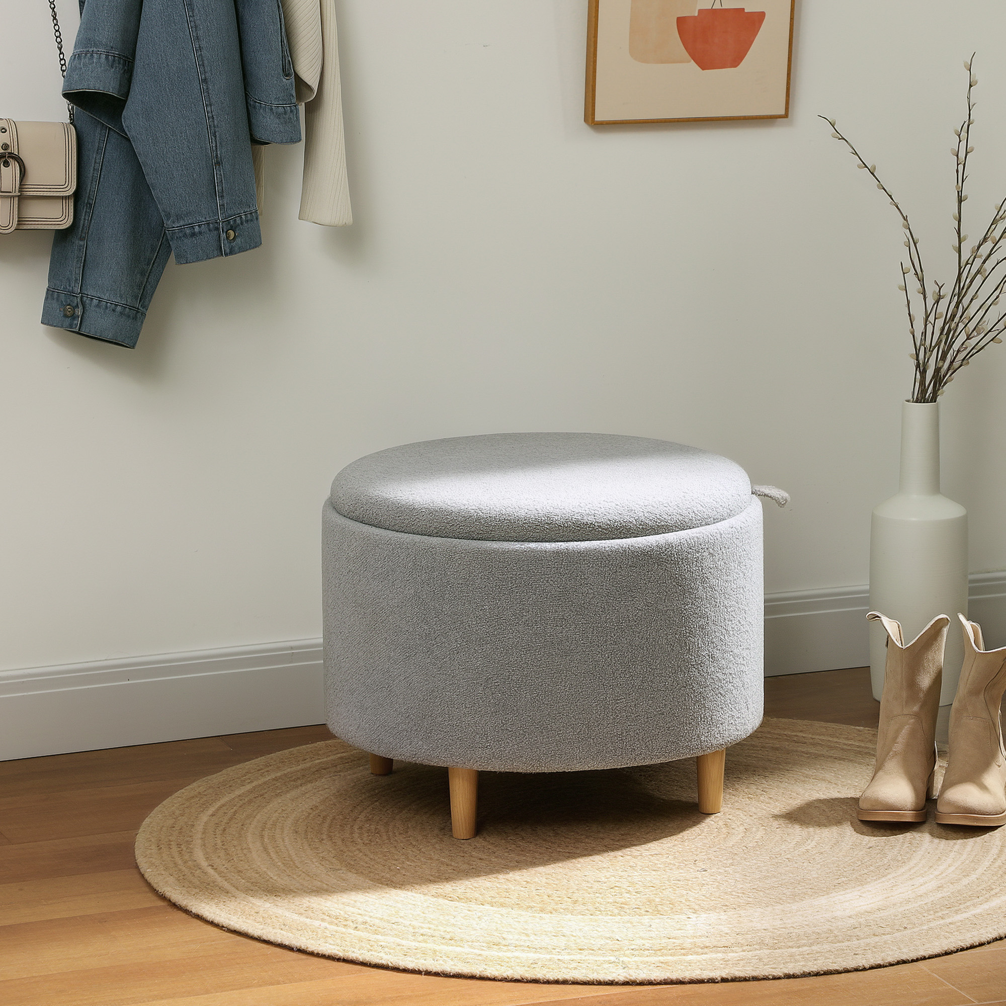 HOMCOM Hocker Polsterhocker, Teddyfleece, versteckter Stauraum, umkehrbarer Deckel, 56 cm x 56 cm x 42 cm, Grau