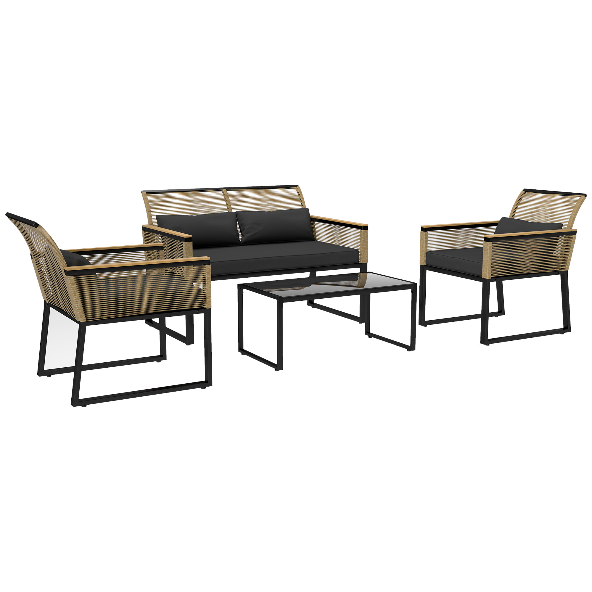 Outsunny Polyrattan Gartenmöbel Set 4 Personen, wetterfest Balkonmöbel-Set mit 2er Sofa, 2 Stühle Glastisch Sitzkissen Schwarz