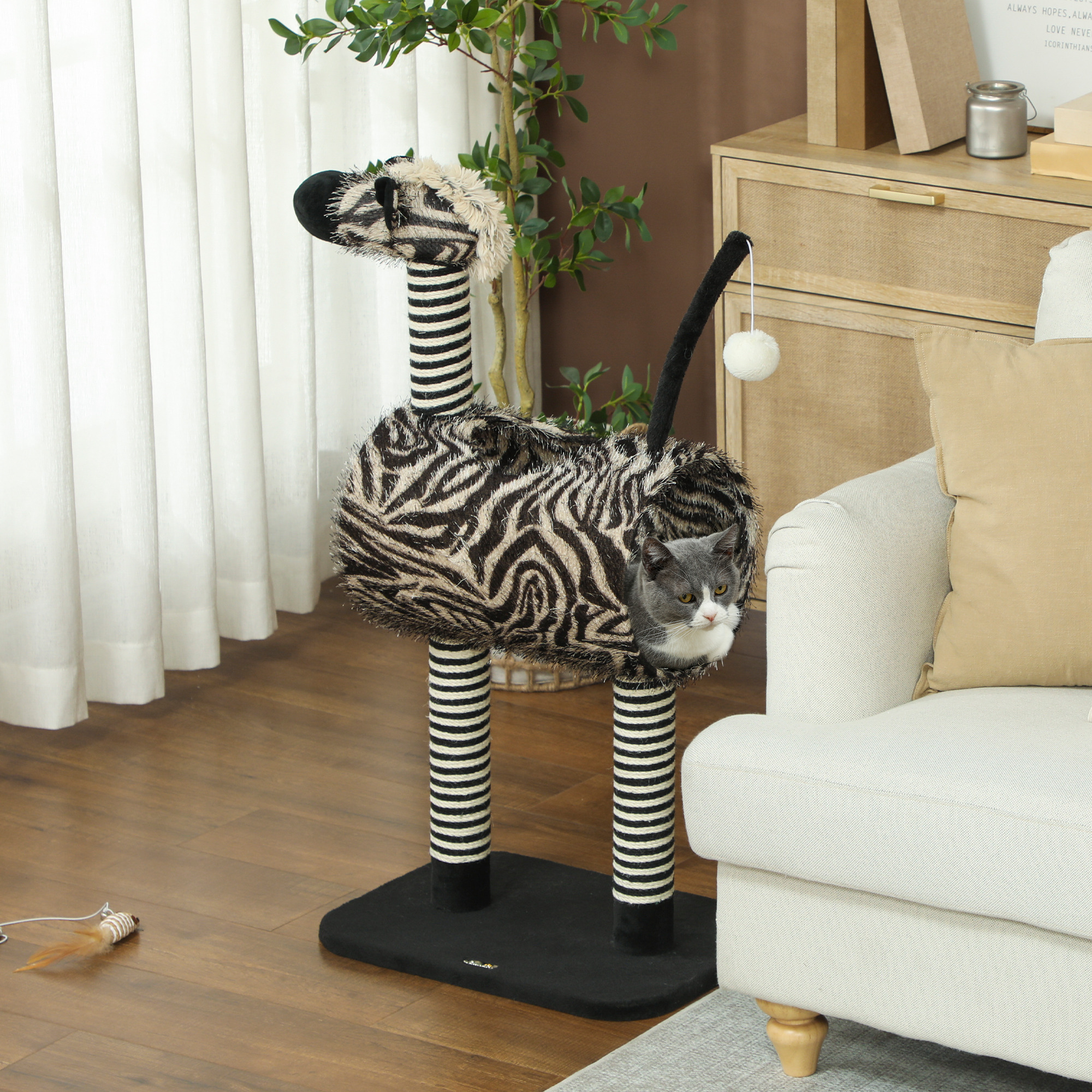 PawHut Kratzbaum im Zebra-Design, 1 Katzentunnel, 3 Kratzstämme 48,5 cm x 35 cm x 93 cm, Schwarz + Weiß