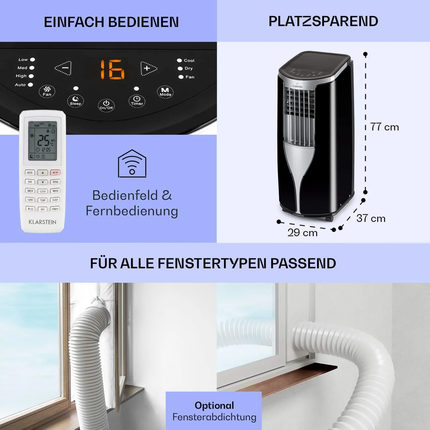 Klarstein Mobiele Airconditioner met Afvoerslang, 3-in-1 Airco met Ventilator & Luchtontvochtiger, Kleine & Draagbare Airco voor Thuis & op Kantoor, 10000 BTU AC met Laag Verbruik