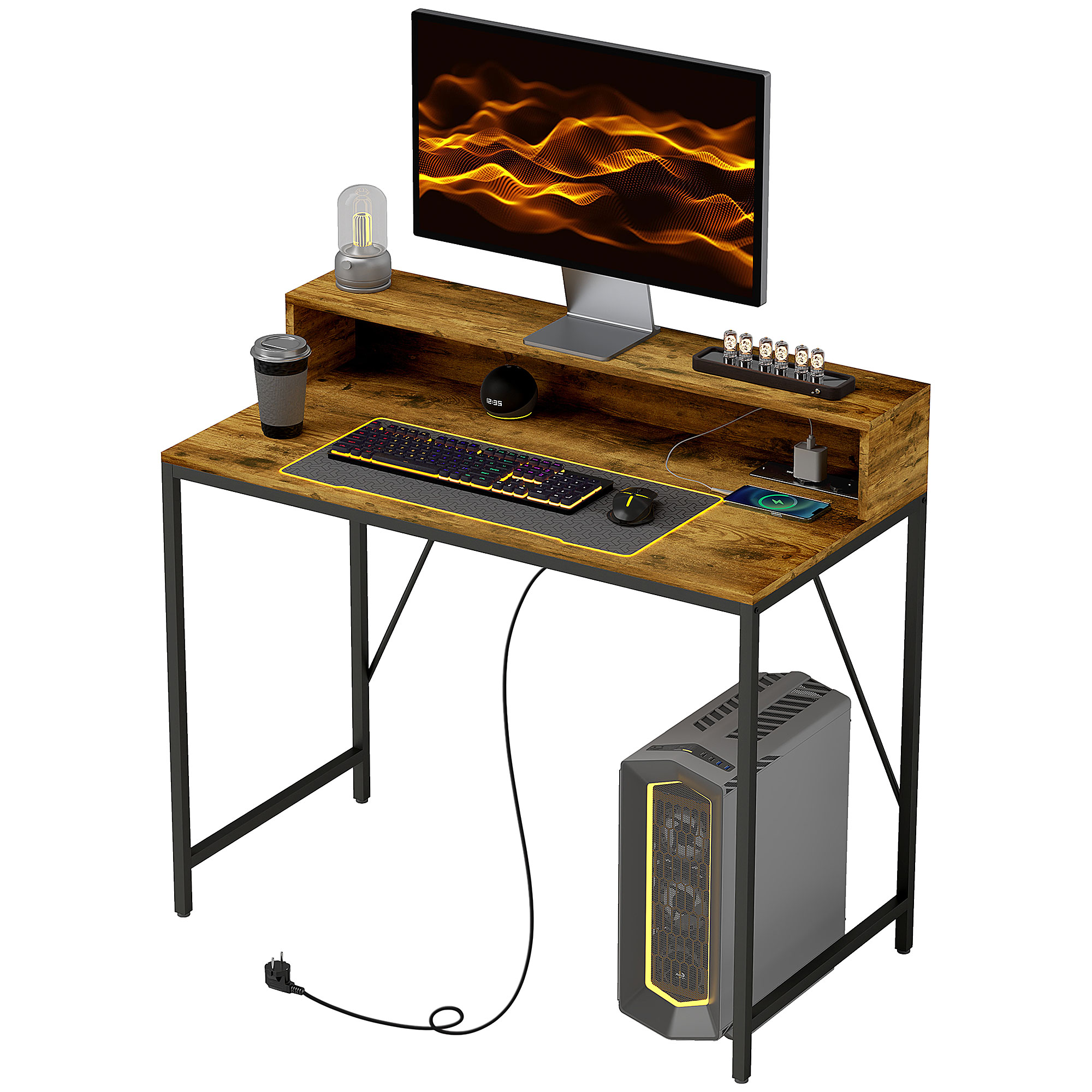 HOMCOM Computertisch mit Anschlüssen, Schreibtisch mit Monitorfläche und Ablage, für Homeoffice, Büro, Arbeitszimmer, Braun