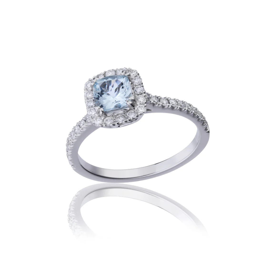 Anello Mikiko acquamarina a cuscino ct 0,50 e contorno diamanti ct 0,39