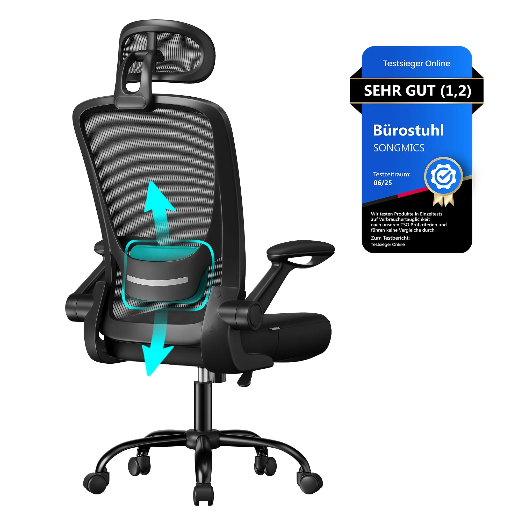 SONGMICS Ergonomischer Bürostuhl mit klappbaren Armlehnen und höhenverstellbarem Sitz